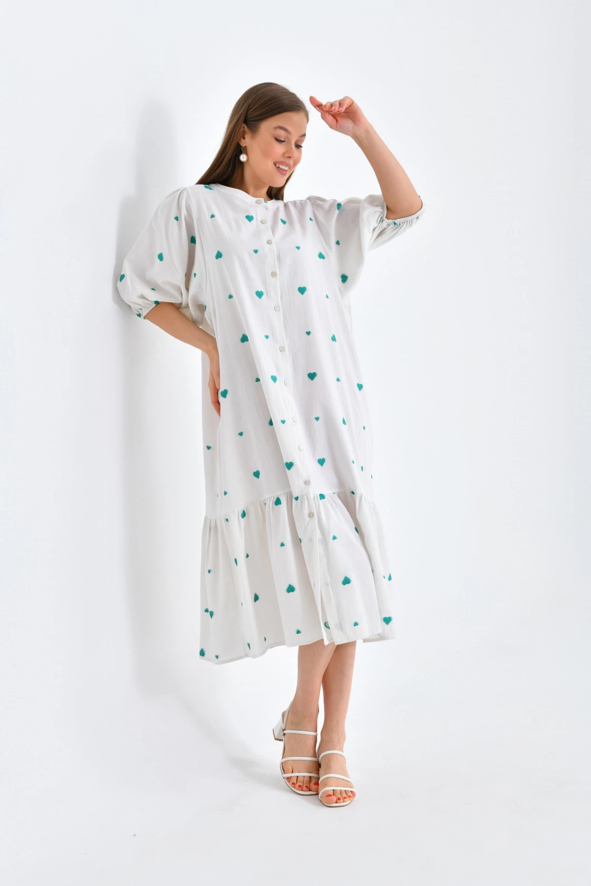 Yeşil Kalpli Balon Kol Uzun Elbise