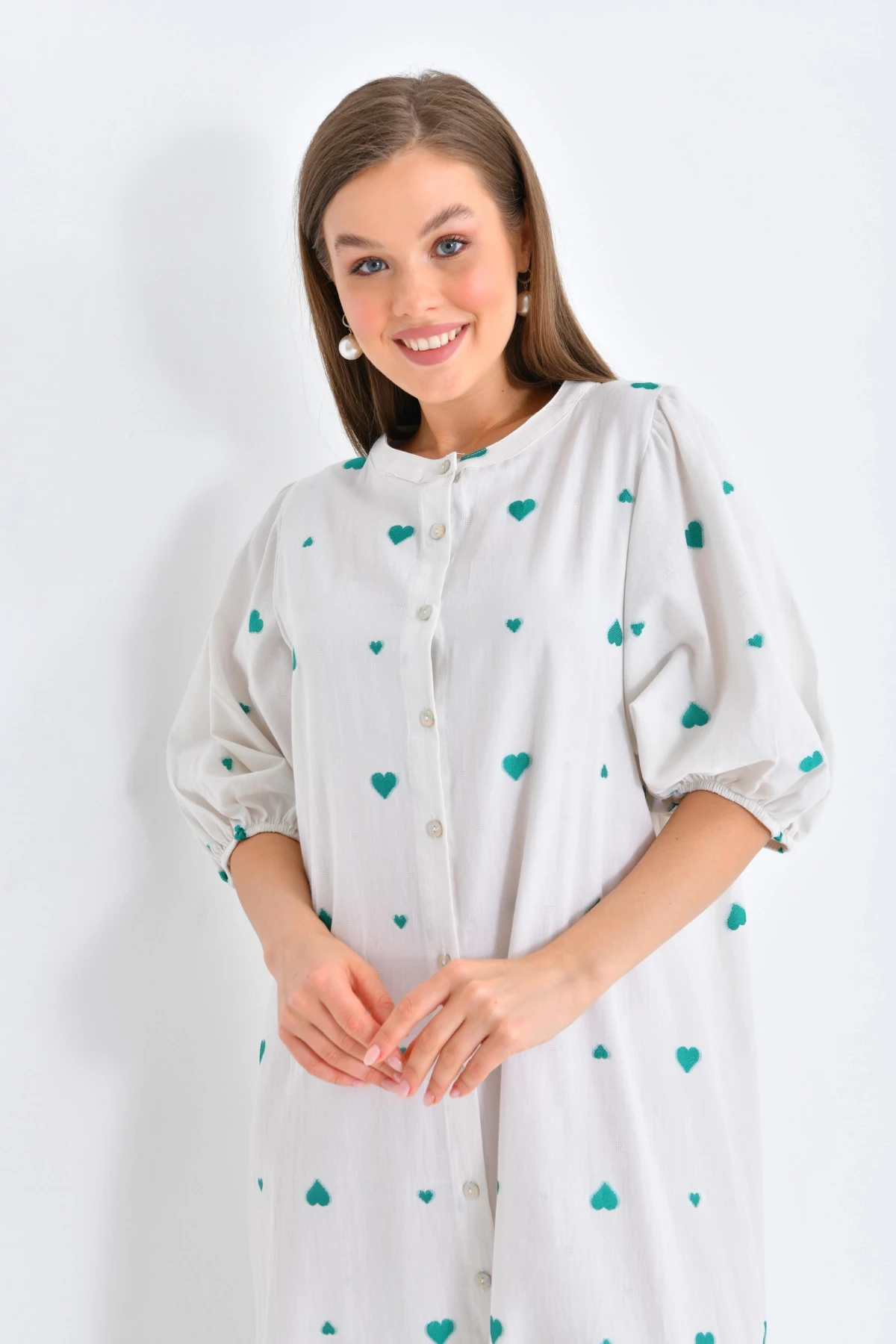 Yeşil Kalpli Balon Kol Uzun Elbise