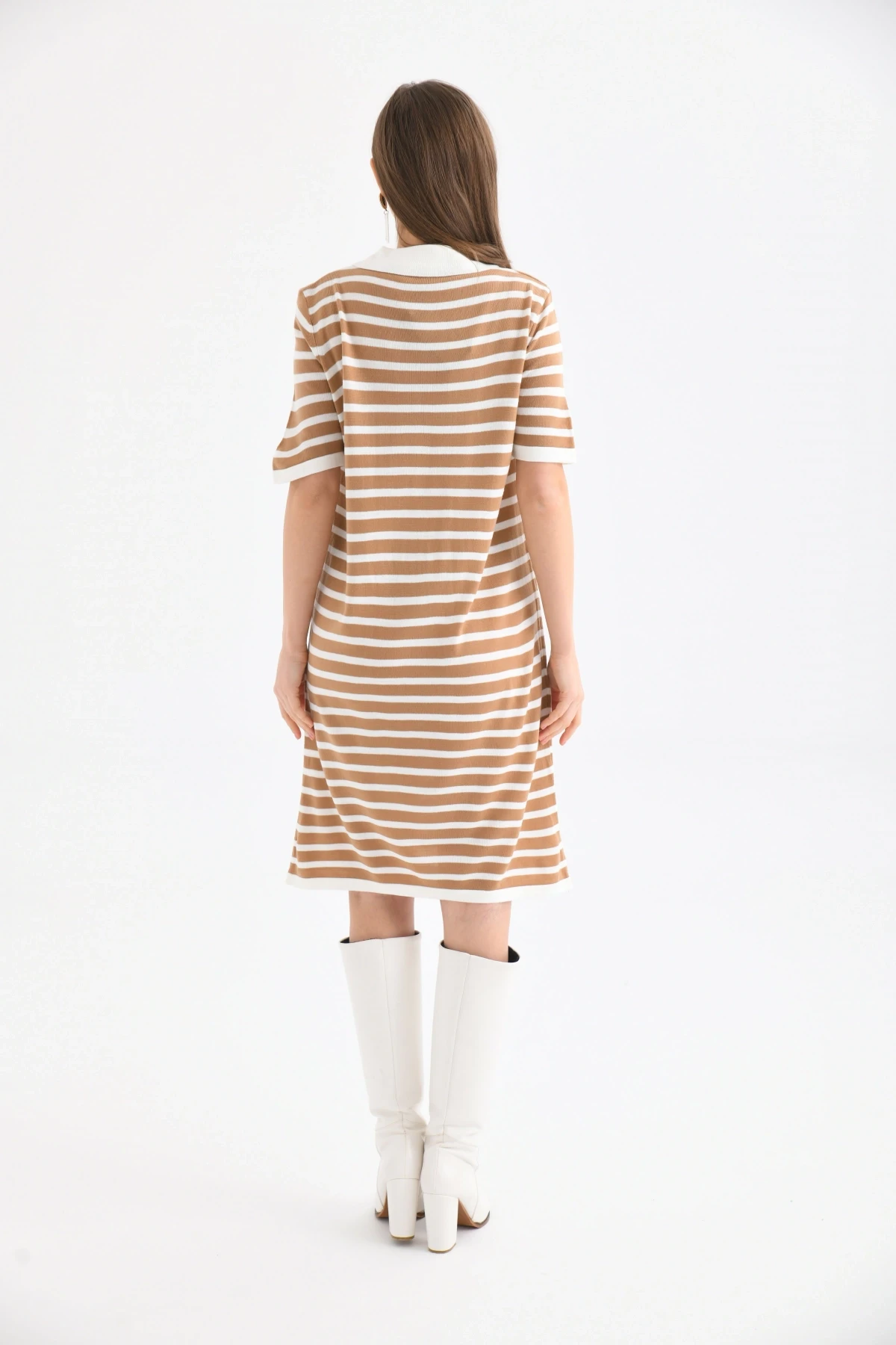 Kadın Gömlek Yaka Camel Renk Çizgili Elbise