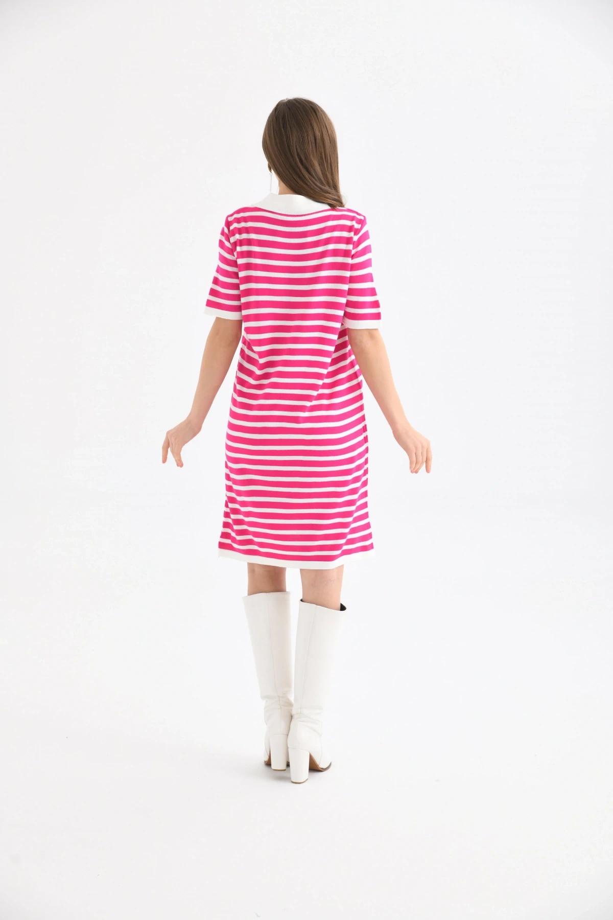 Kadın Gömlek Yaka Fuşya Renk Çizgili Elbise