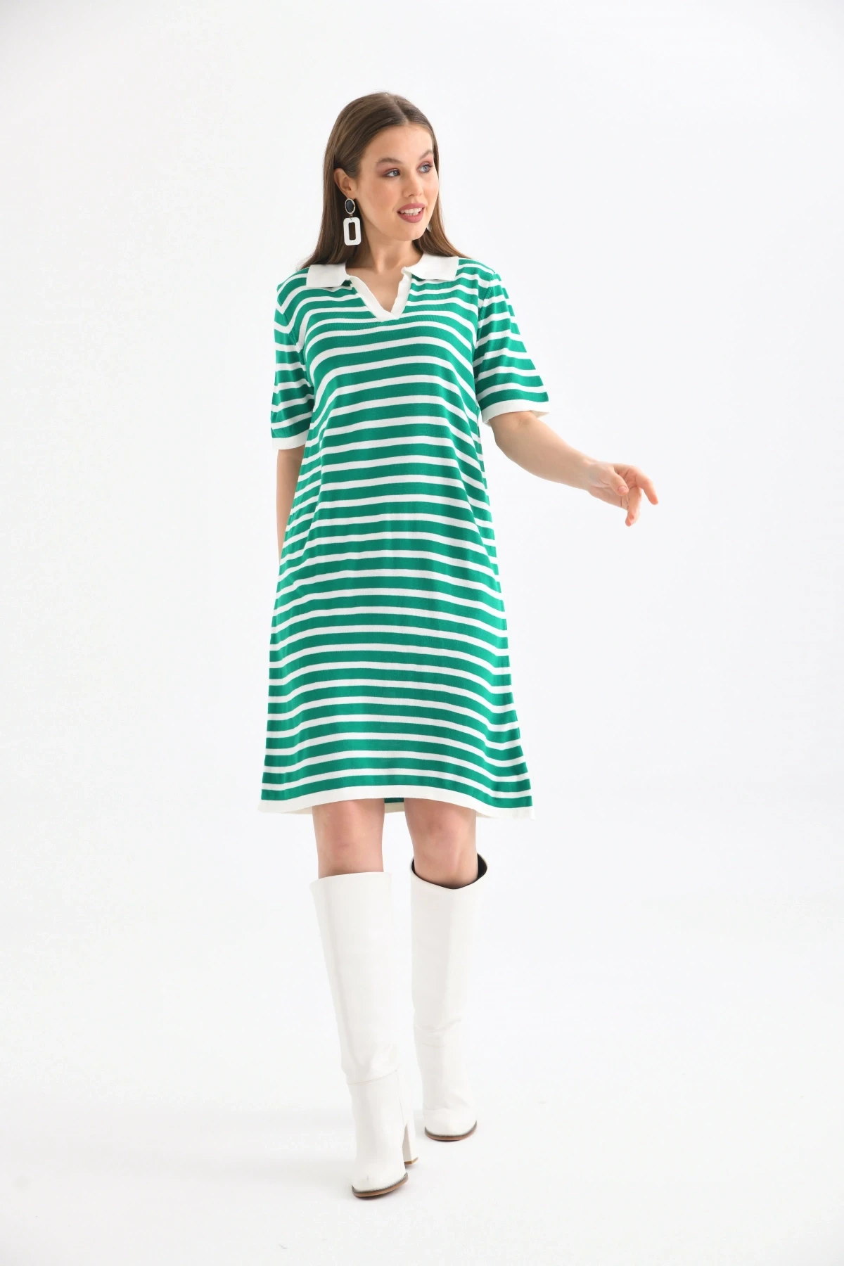 Kadın Gömlek Yaka Yeşil Renk Çizgili Diz Boy Elbise