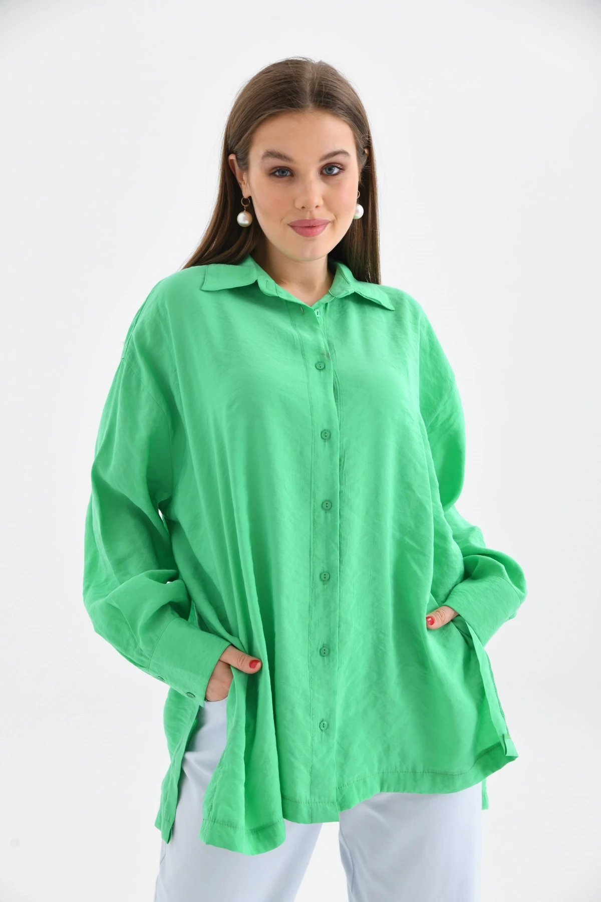 Oversize Uzun Kol Basic Yeşil Gömlek