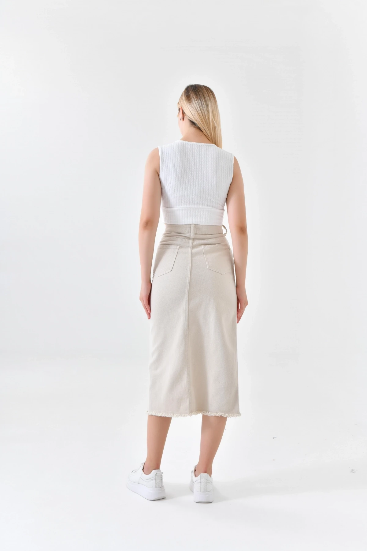 Kadın Bej Yırtmaçlı Kot Etek