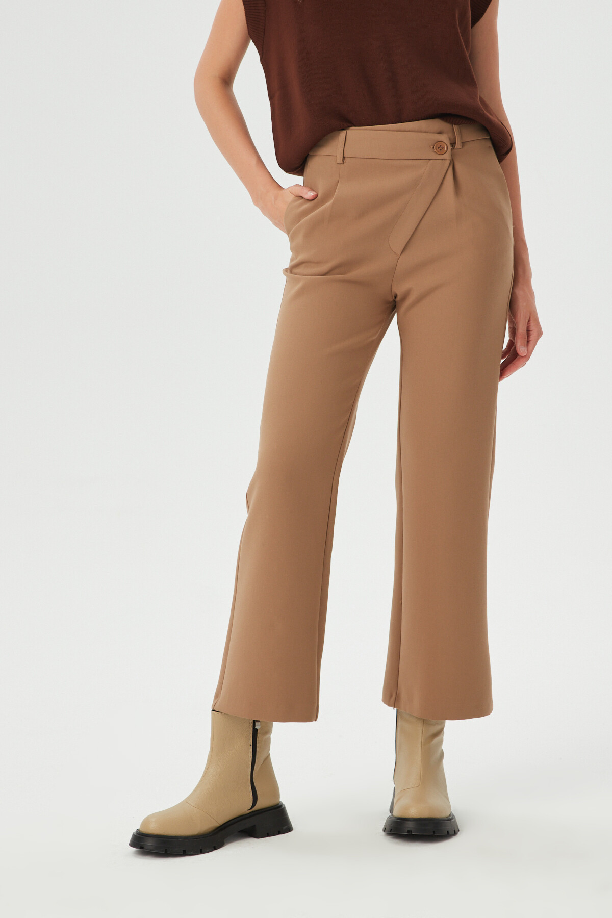 Womens Camel Asymmetrical Button Detailed Classic Trousers