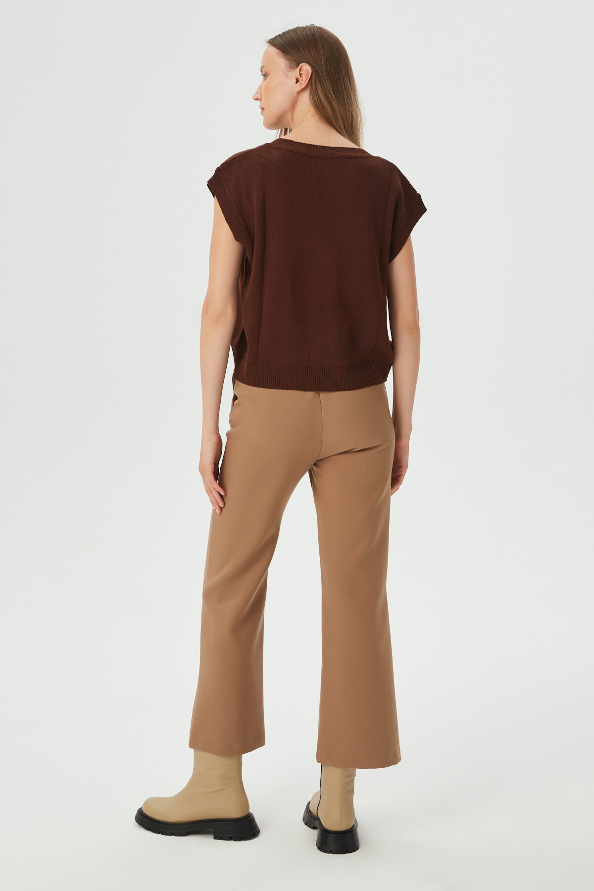 Womens Camel Asymmetrical Button Detailed Classic Trousers
