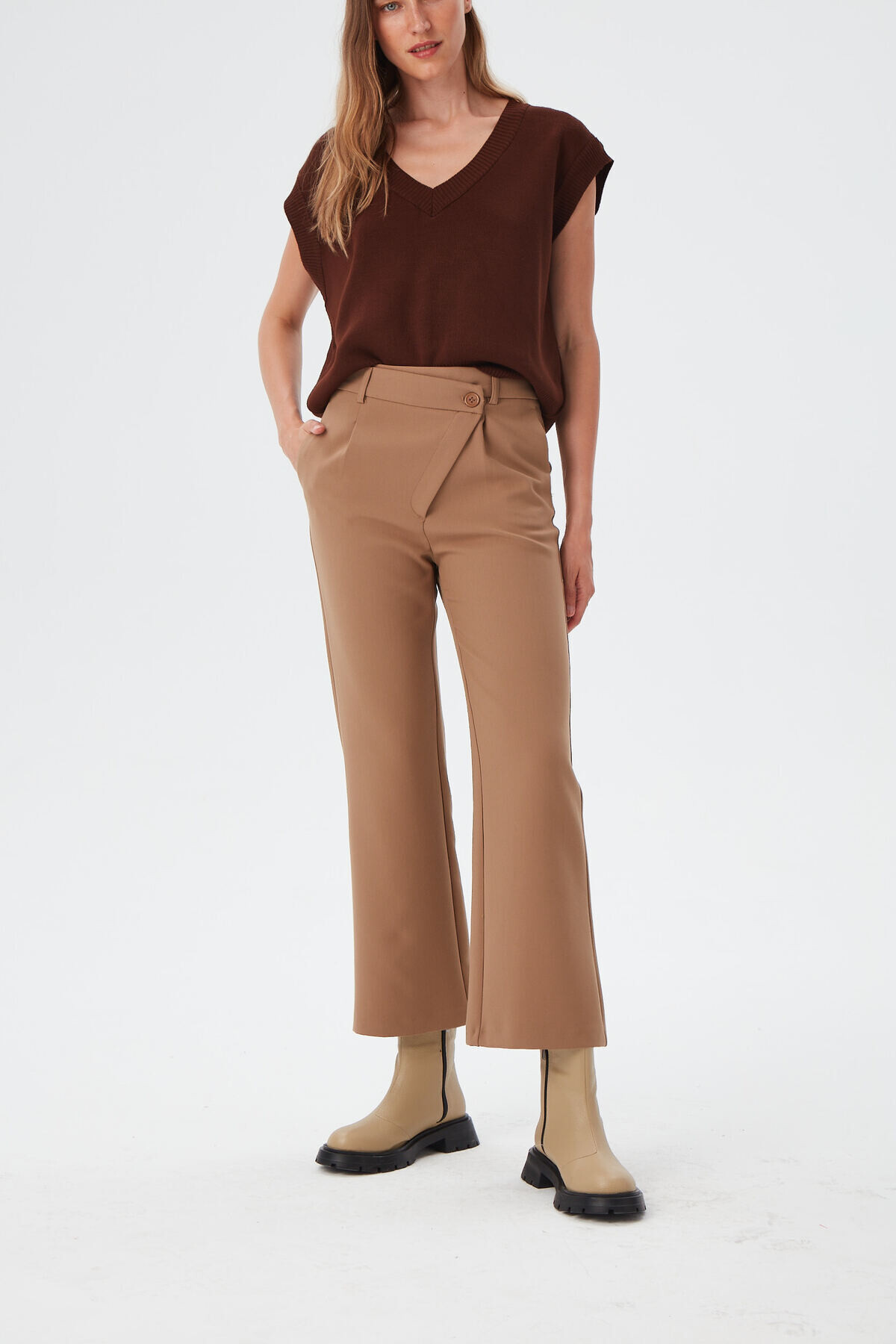 Womens Camel Asymmetrical Button Detailed Classic Trousers