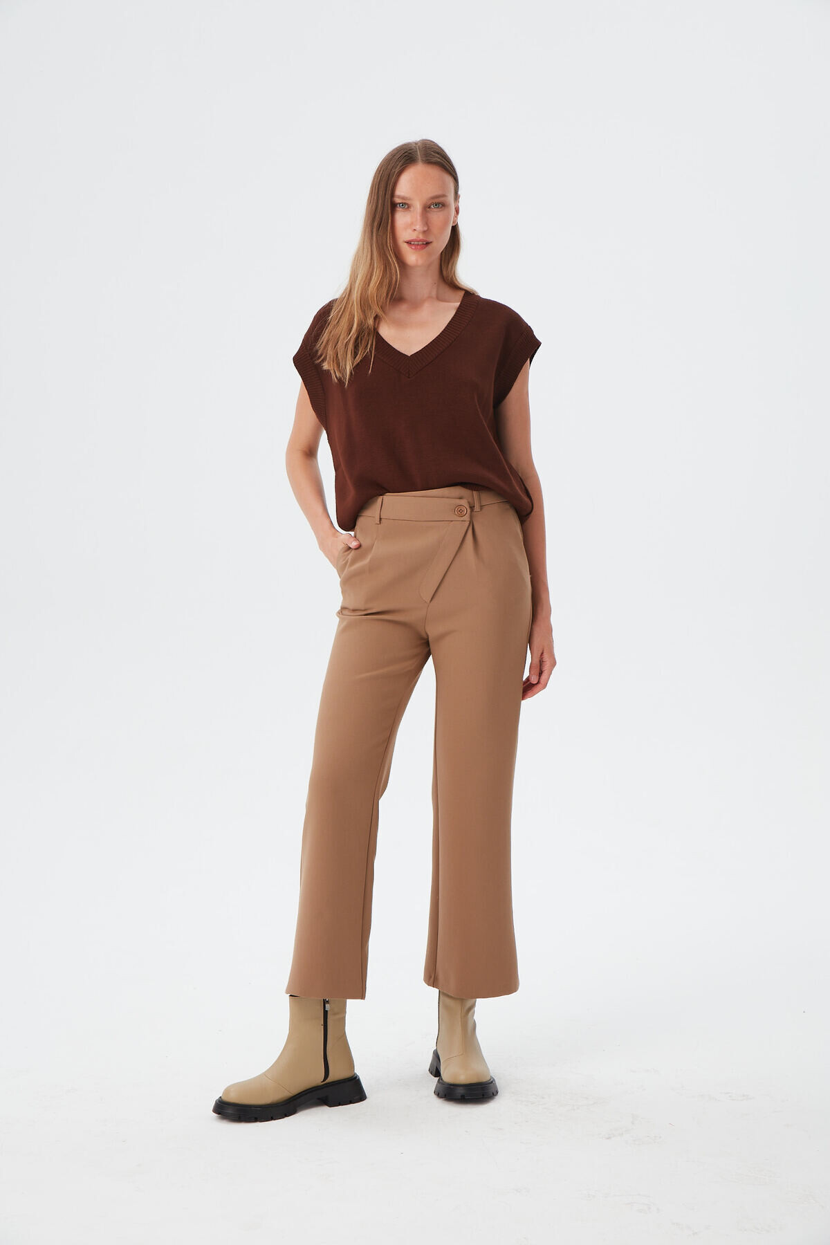Womens Camel Asymmetrical Button Detailed Classic Trousers