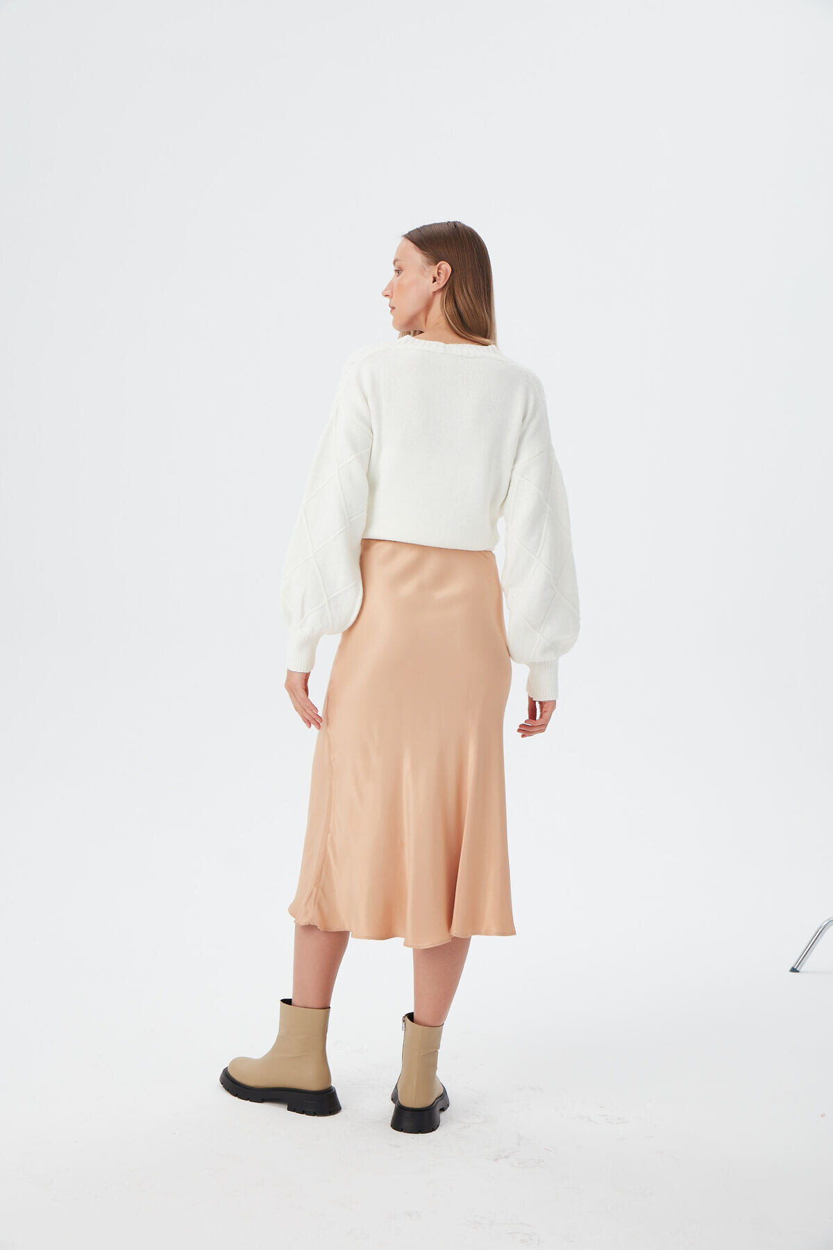 Kadın Camel Bel Lastikli Balık Saten Etek