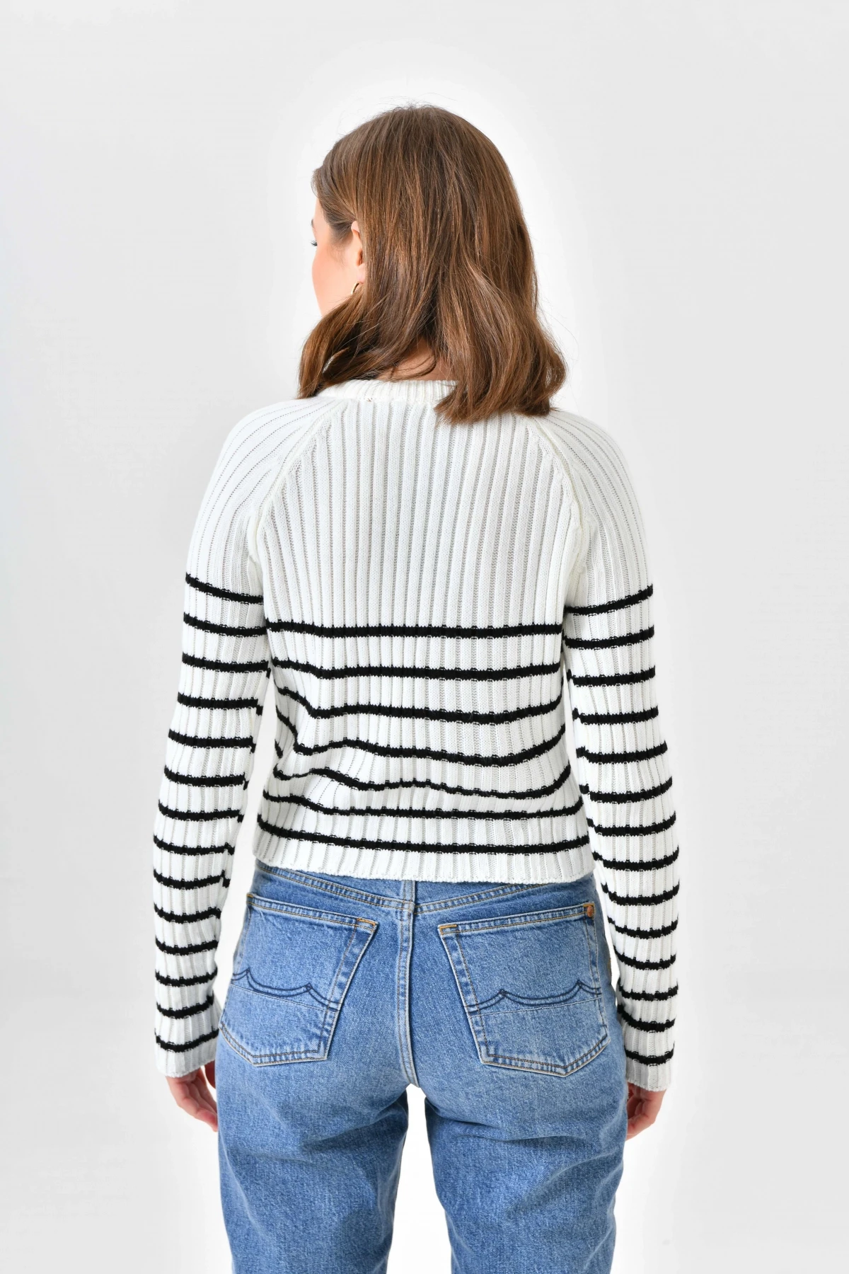 Bisiklet Yaka Çizgili Uzun Kollu Triko Kazak