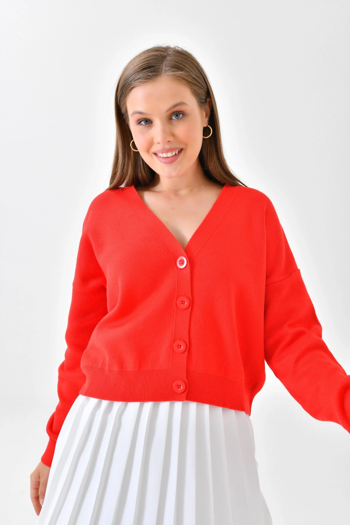 Nar Renkli Pamuk Triko Hırka