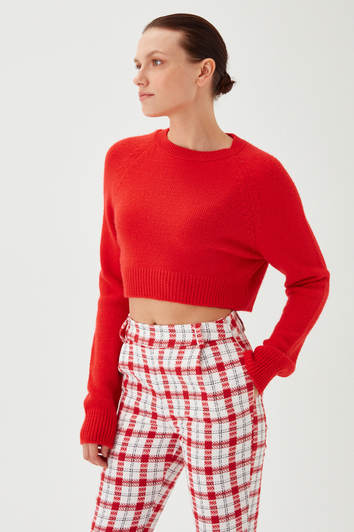 Womens Pomegranate Crew Neck Soft Textured Crop Knitwear Sweater