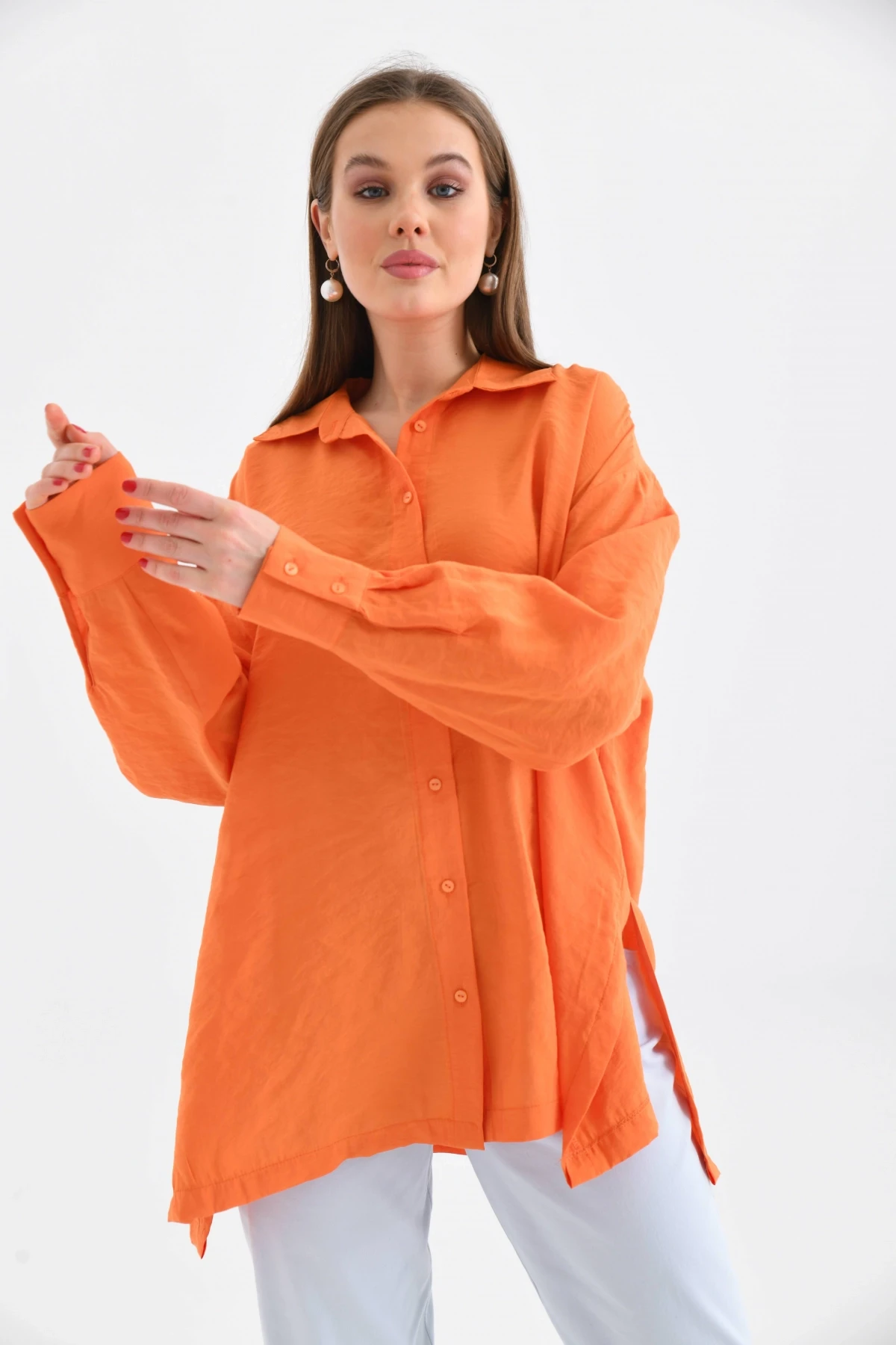 Oversize Uzun Kol Basic Turuncu Gömlek