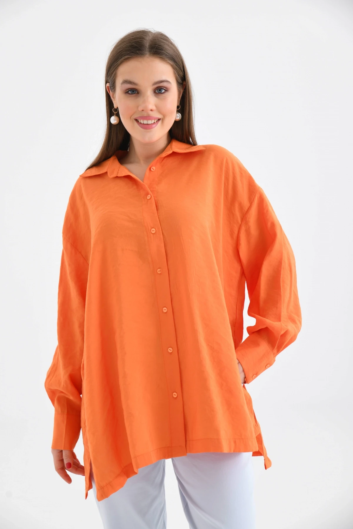 Oversize Uzun Kol Basic Turuncu Gömlek