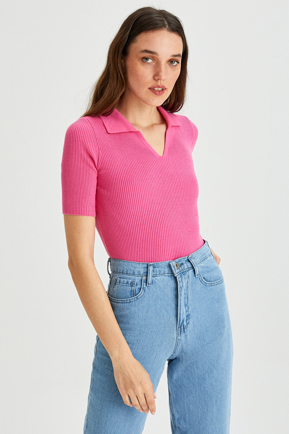 Kadın Polo Yaka Kısa Kol Basic Triko Bluz