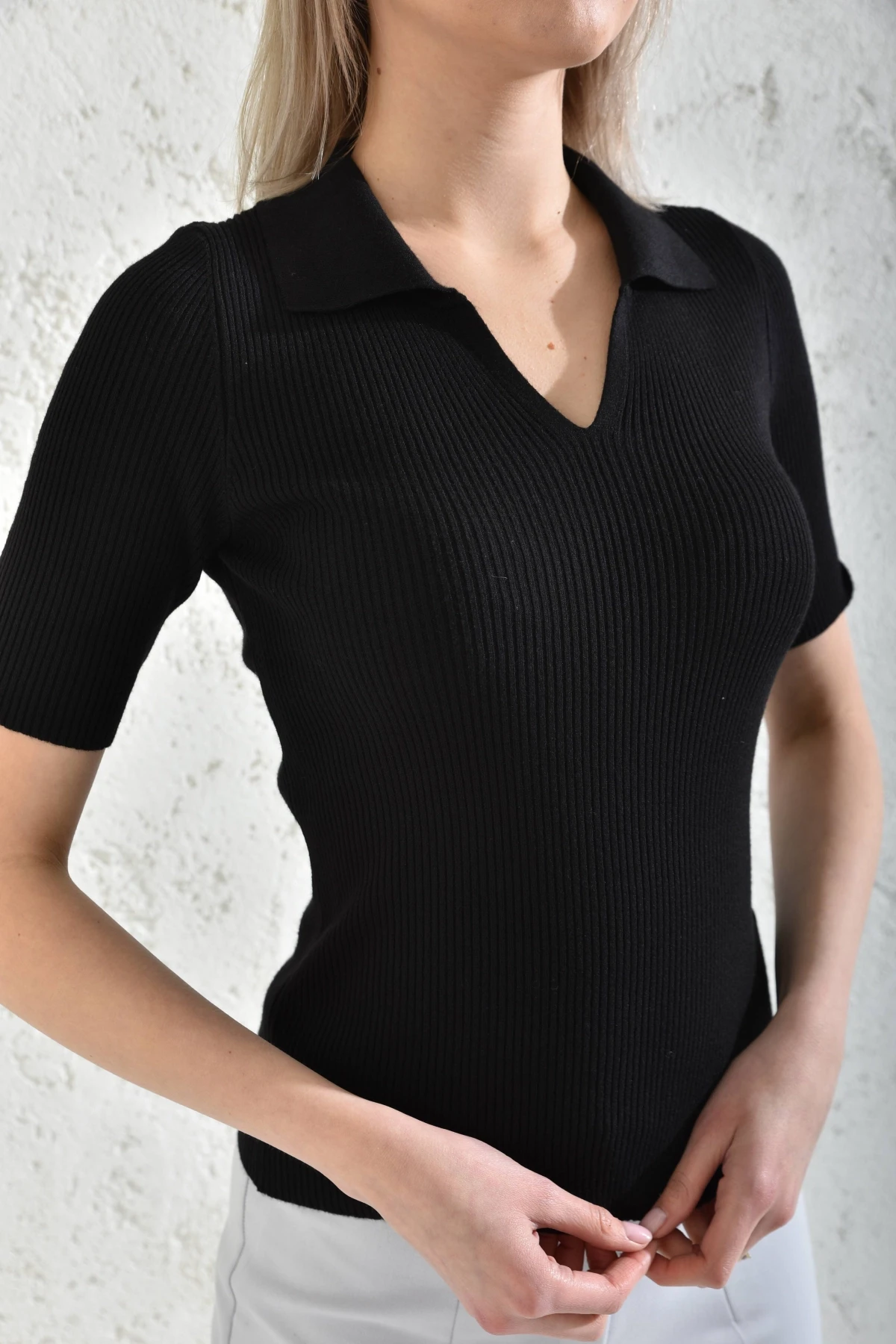 Kadın Polo Yaka Kısa Kol Basic Triko Bluz