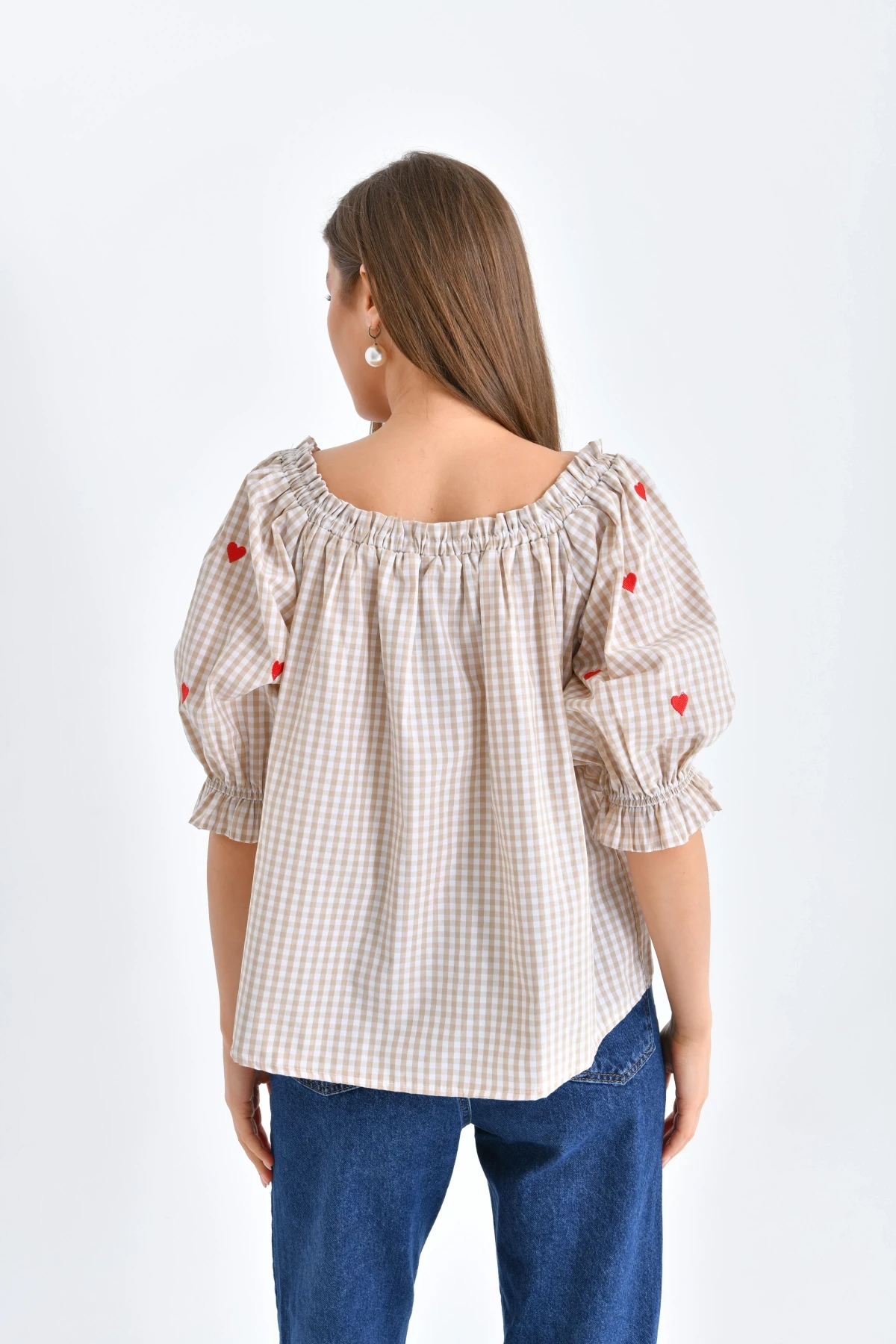 Kadın Bej Pötikare Yakası Fırfırlı Oversize Dokuma Bluz