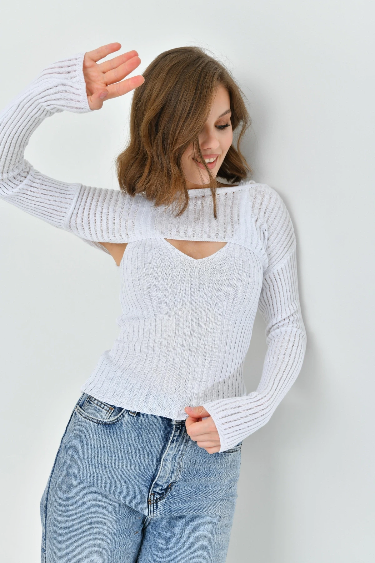 Kadın Beyaz Atletli Triko Bolero Takım