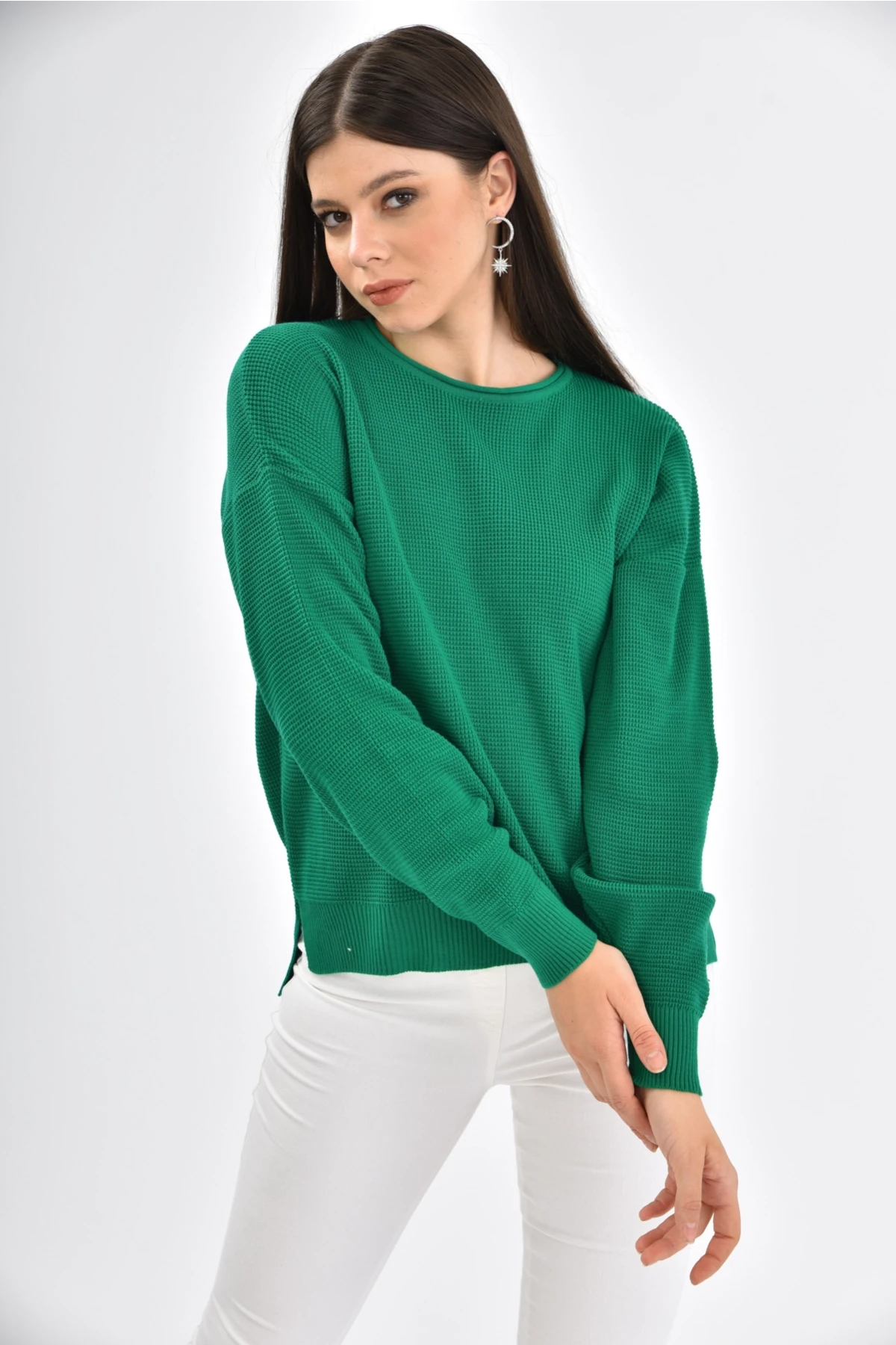 Bisiklet Yaka Arkası Uzun Yırtmaçlı Mevsimlik Triko Kazak