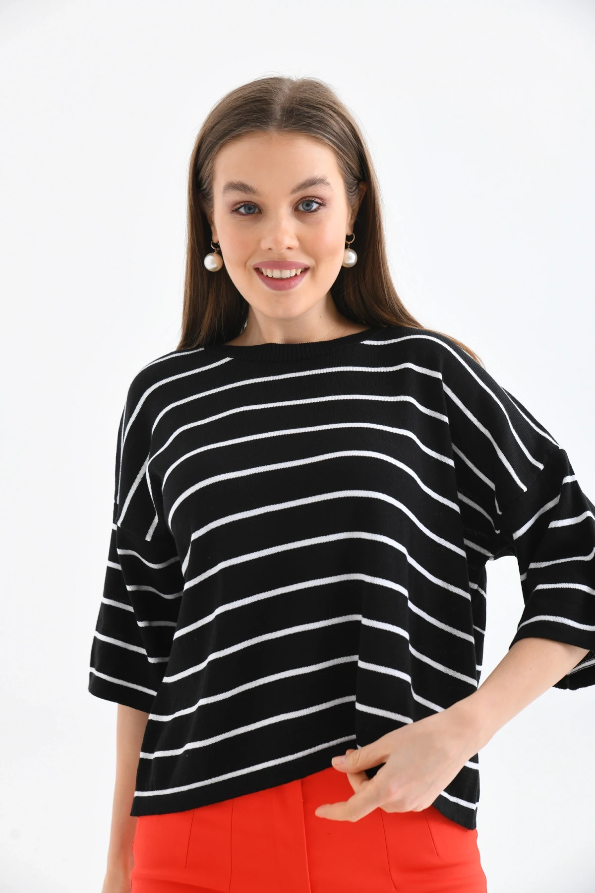 Bisiklet Yaka Çizgili Mevsimlik Kısa Triko Kazak