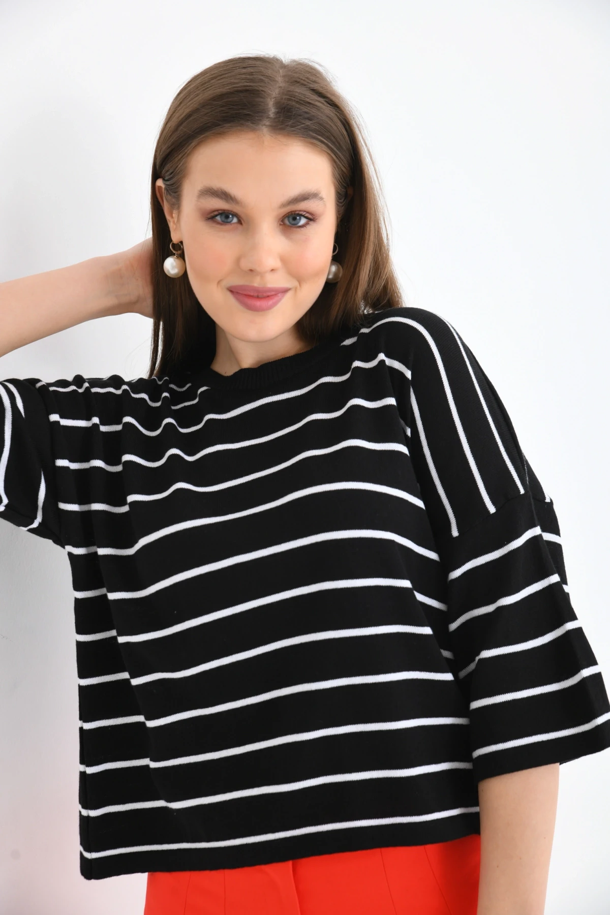 Bisiklet Yaka Çizgili Mevsimlik Kısa Triko Kazak