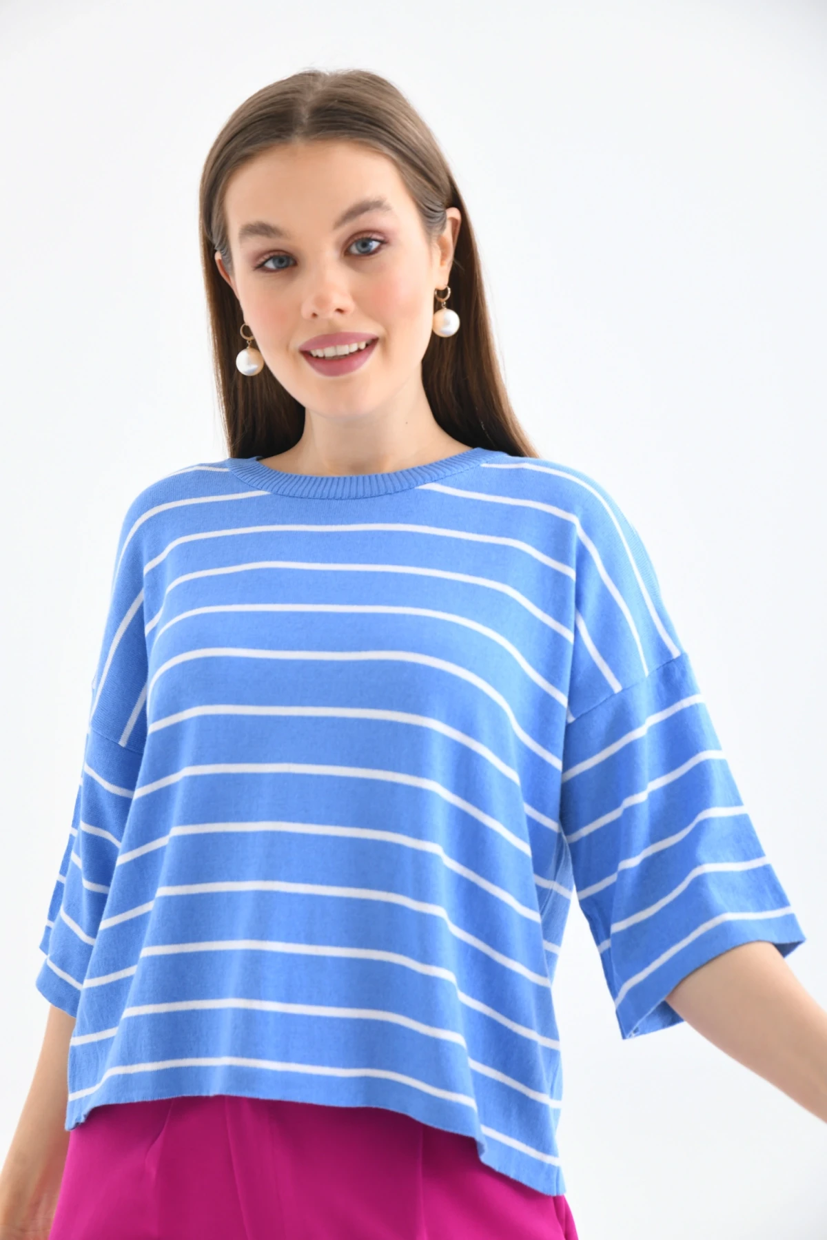 Bisiklet Yaka Çizgili Mevsimlik Kısa Triko Kazak