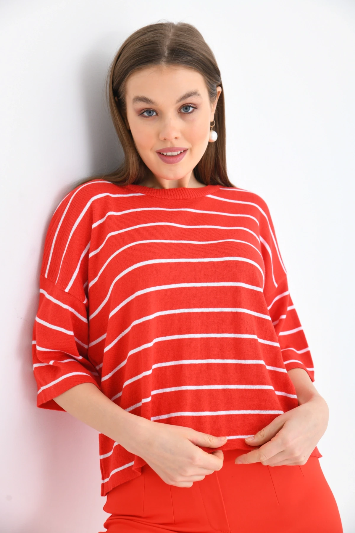 Bisiklet Yaka Çizgili Mevsimlik Kısa Triko Kazak