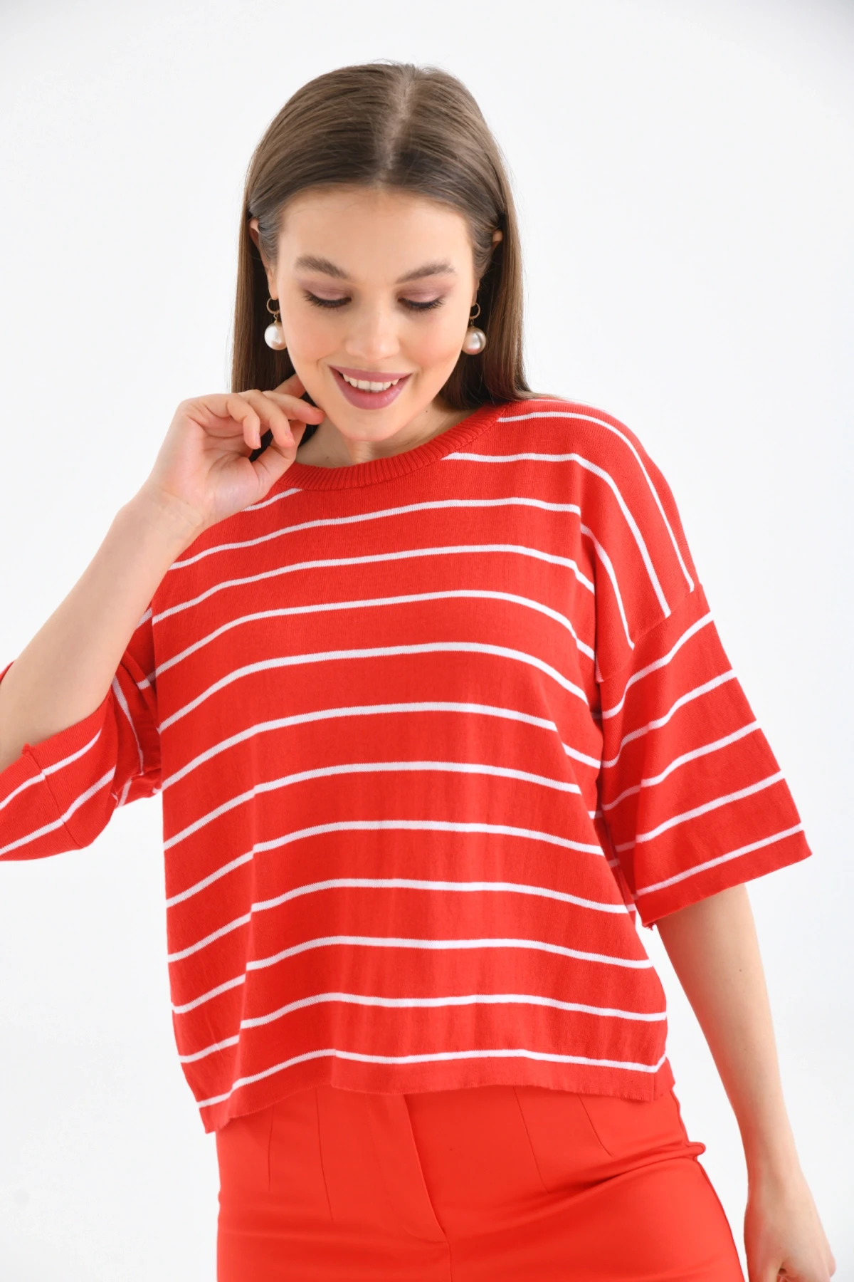 Bisiklet Yaka Çizgili Mevsimlik Kısa Triko Kazak