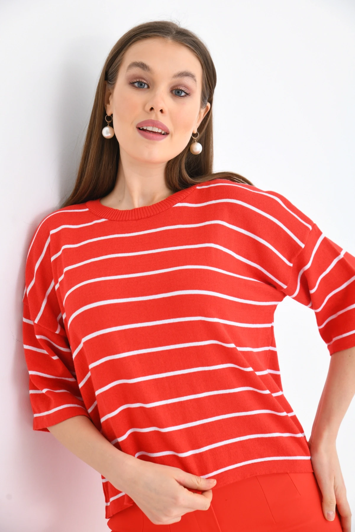 Bisiklet Yaka Çizgili Mevsimlik Kısa Triko Kazak