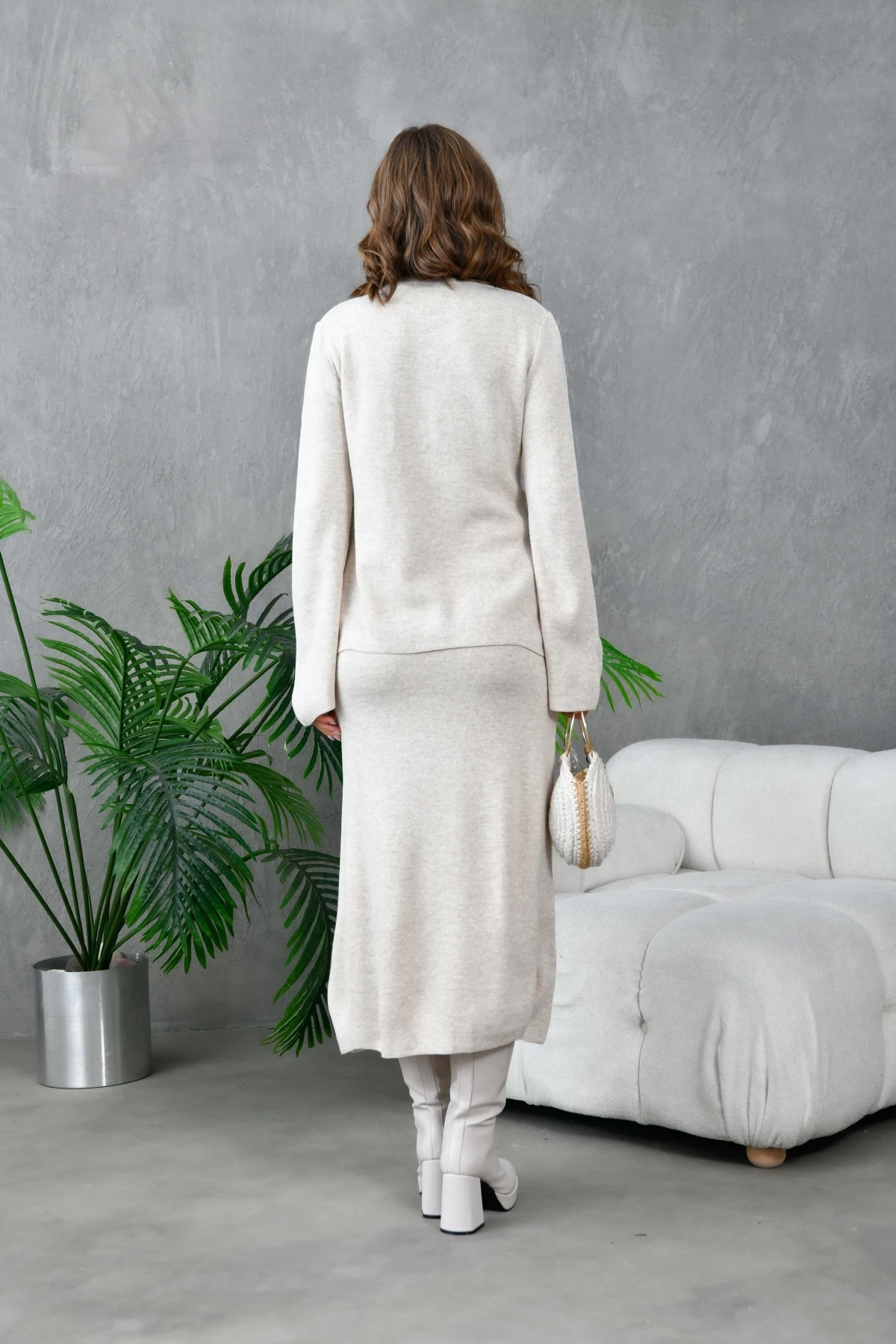 Kadın Bisiklet Yaka Etek Kazak İkili Triko Kakım