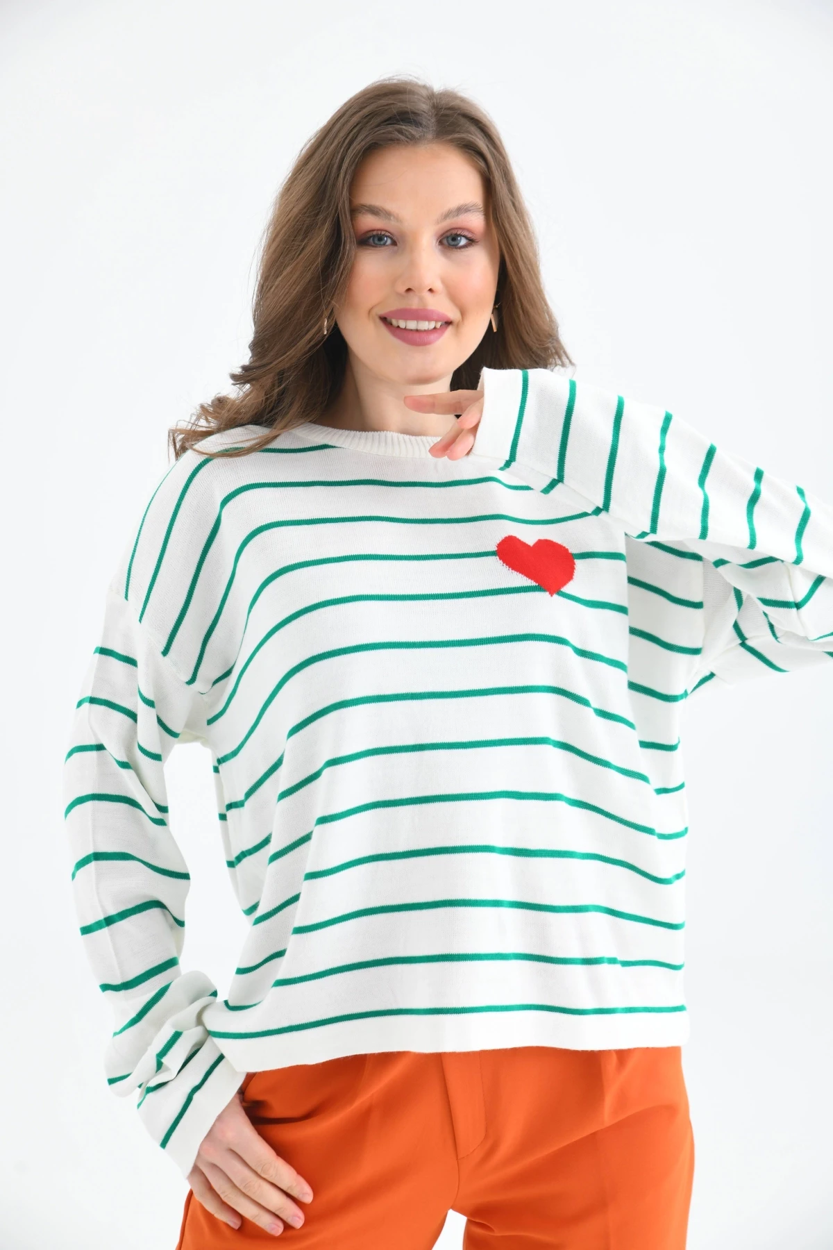 Bisiklet Yaka Salaş Çizgil Mevsimlik Triko Kazak