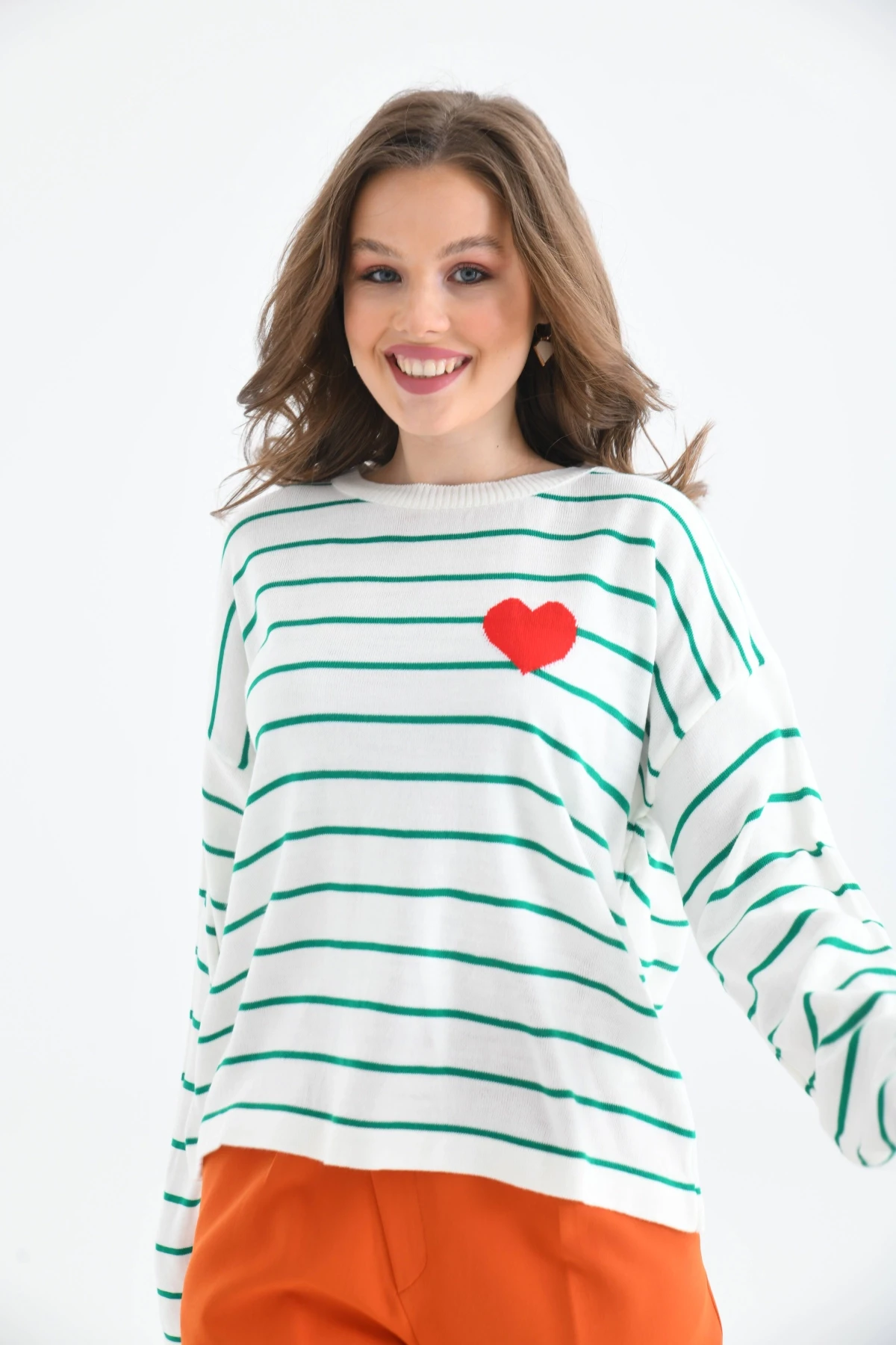 Bisiklet Yaka Salaş Çizgil Mevsimlik Triko Kazak