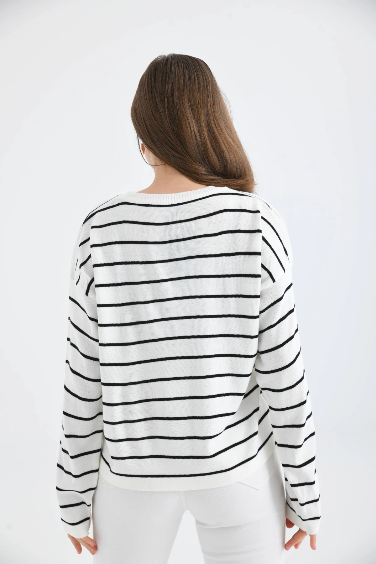 Bisiklet Yaka Salaş Çizgil Mevsimlik Triko Kazak