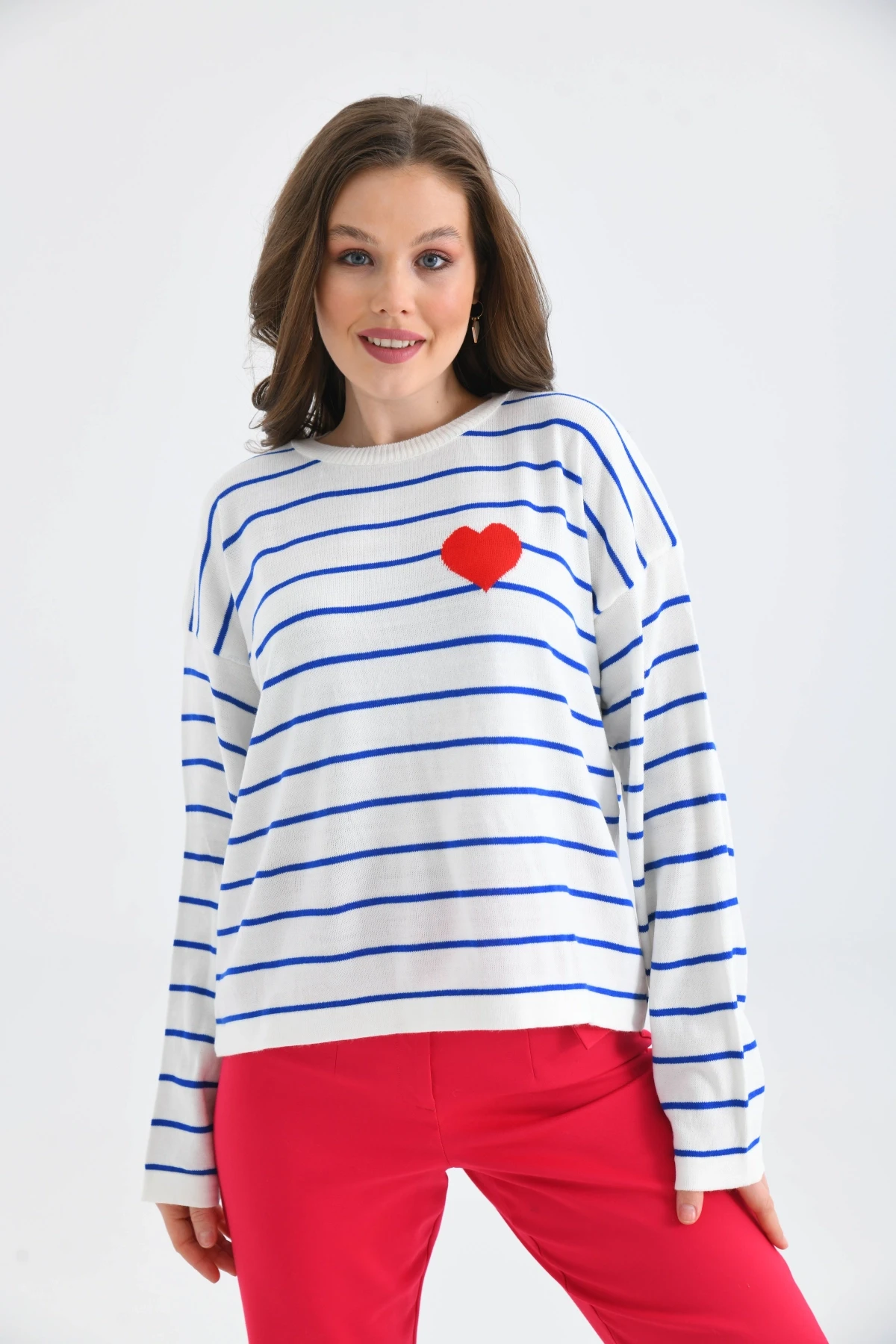 Bisiklet Yaka Salaş Çizgil Mevsimlik Triko Kazak