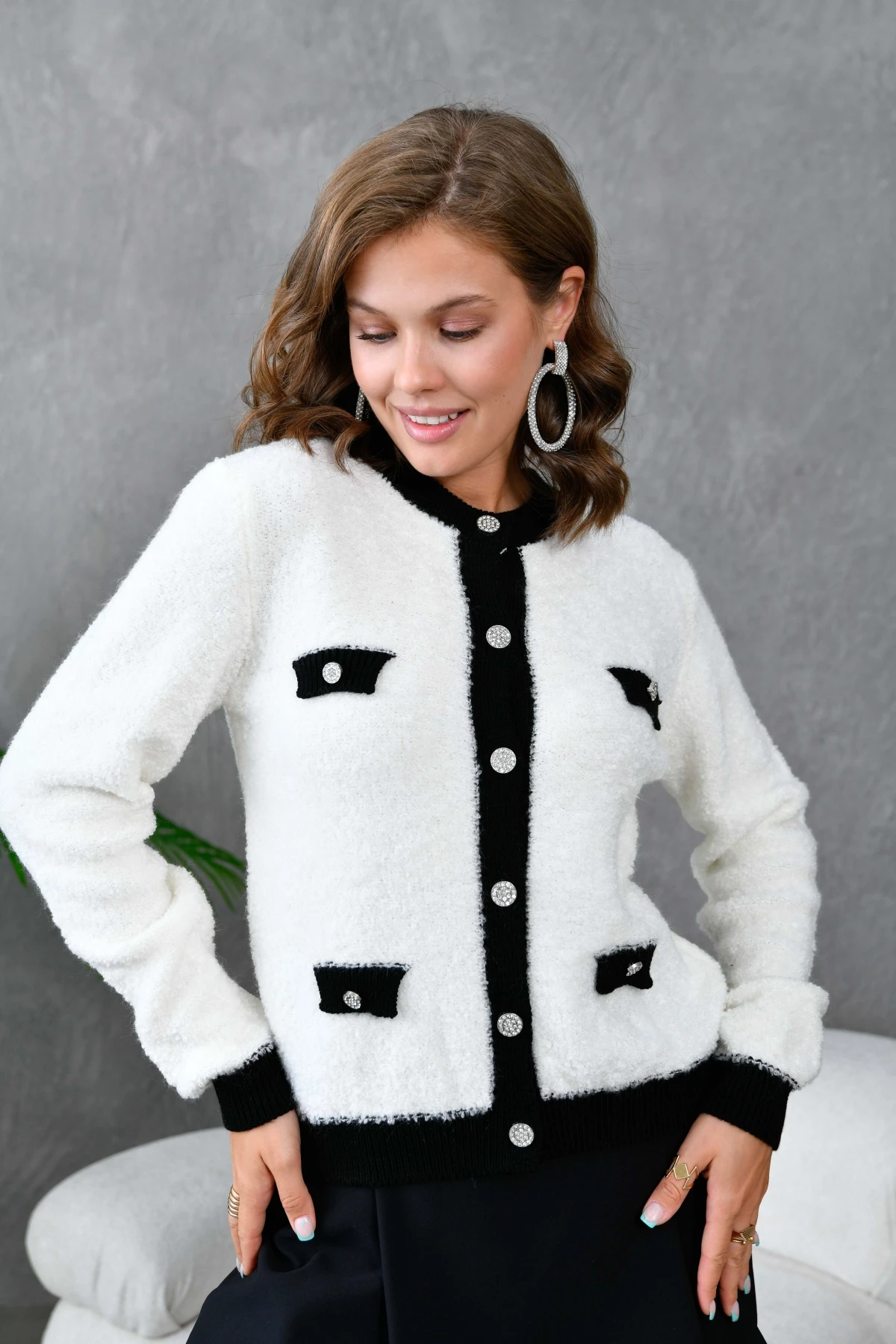 Kadın Düğme Detay Bürümcük Triko Hırka