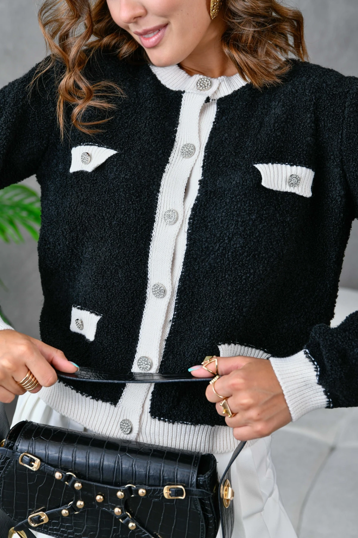 Kadın Düğme Detay Bürümcük Triko Hırka