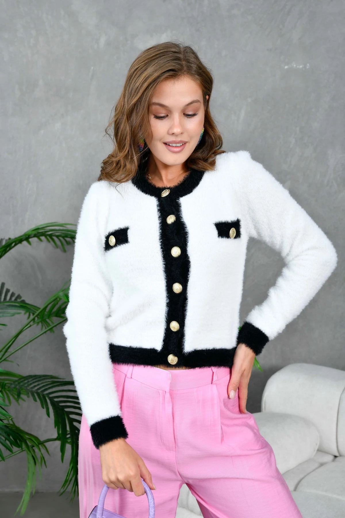 Kadın Düğme Detay Triko Hırka