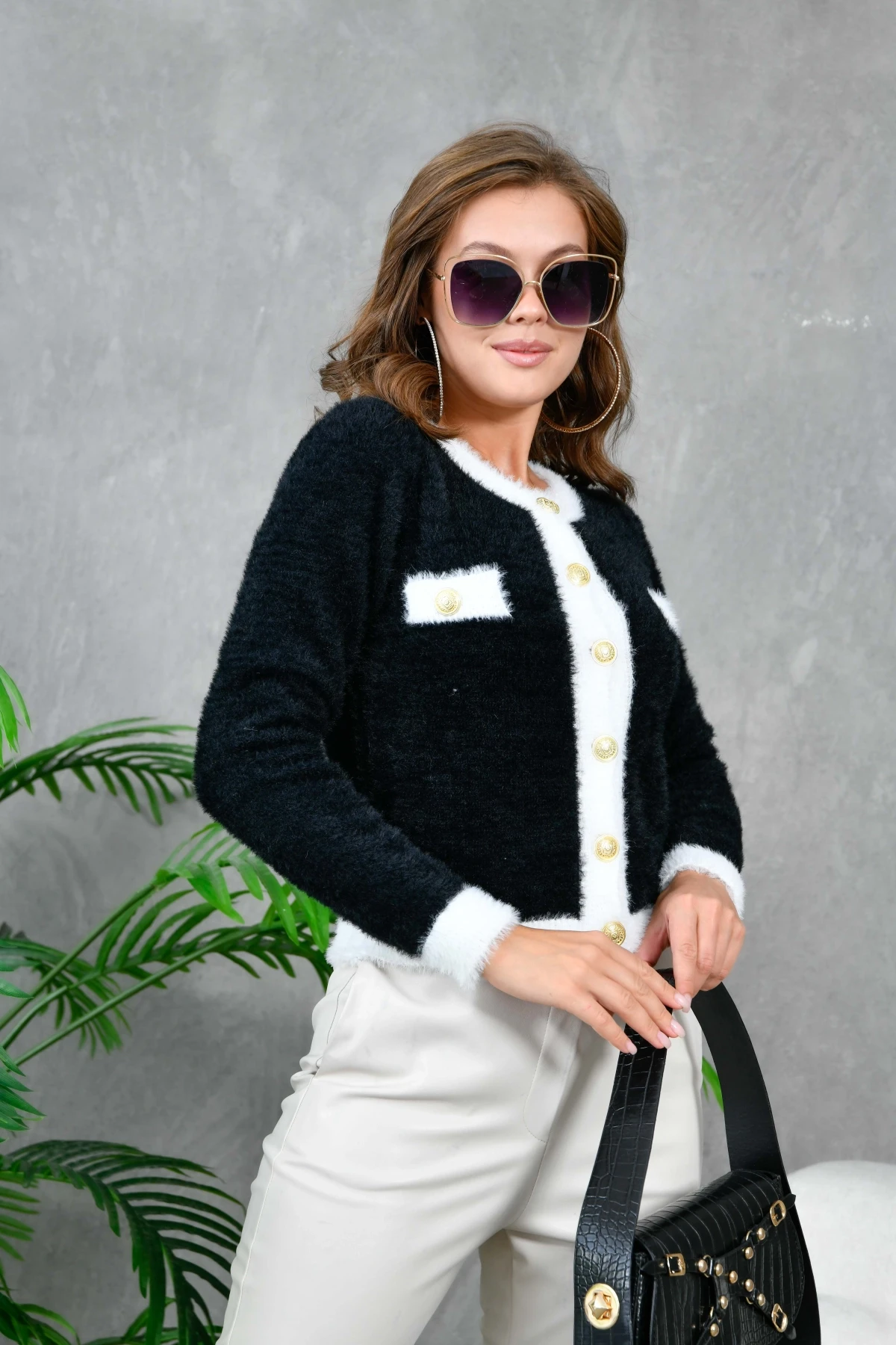 Kadın Düğme Detay Triko Hırka