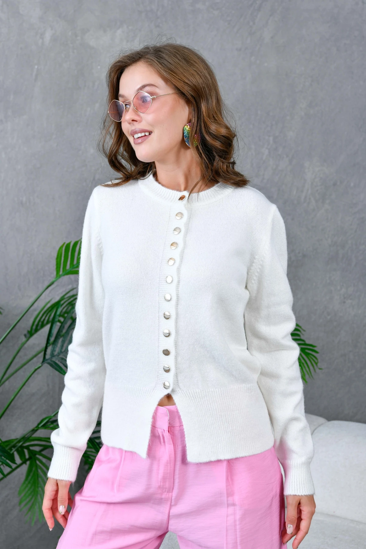 Kadın Düğme Detay Triko Hırka