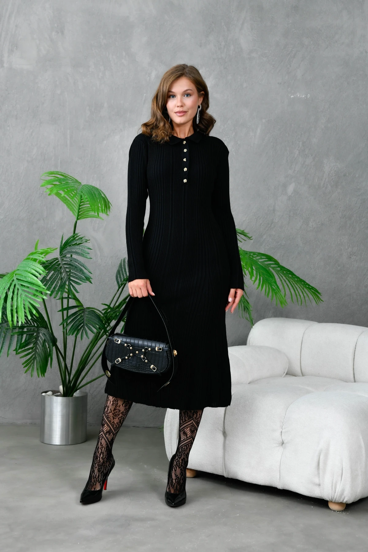 Kadın Düğme Detay Uzun Triko Elbise