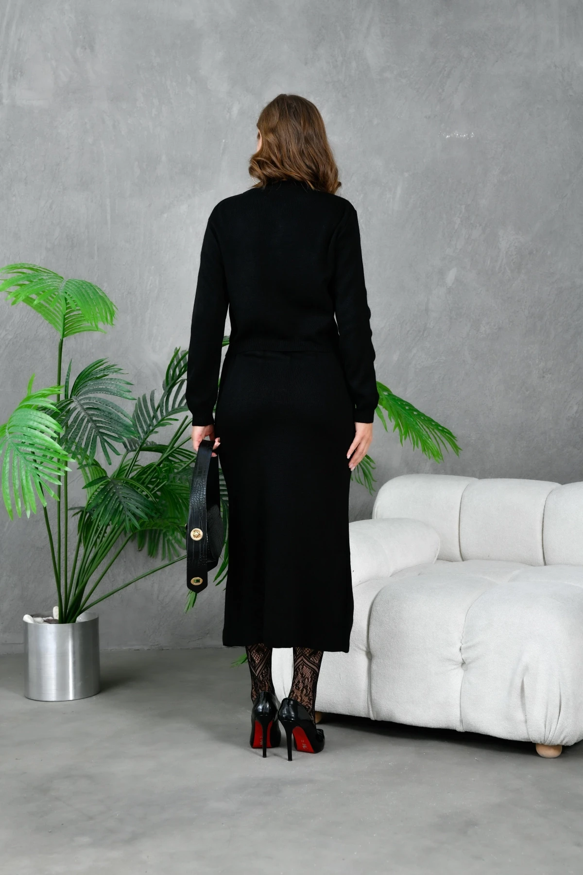 Kadın Düğme Detaylı Eteği Yırtmaçlı İkili Triko Takım