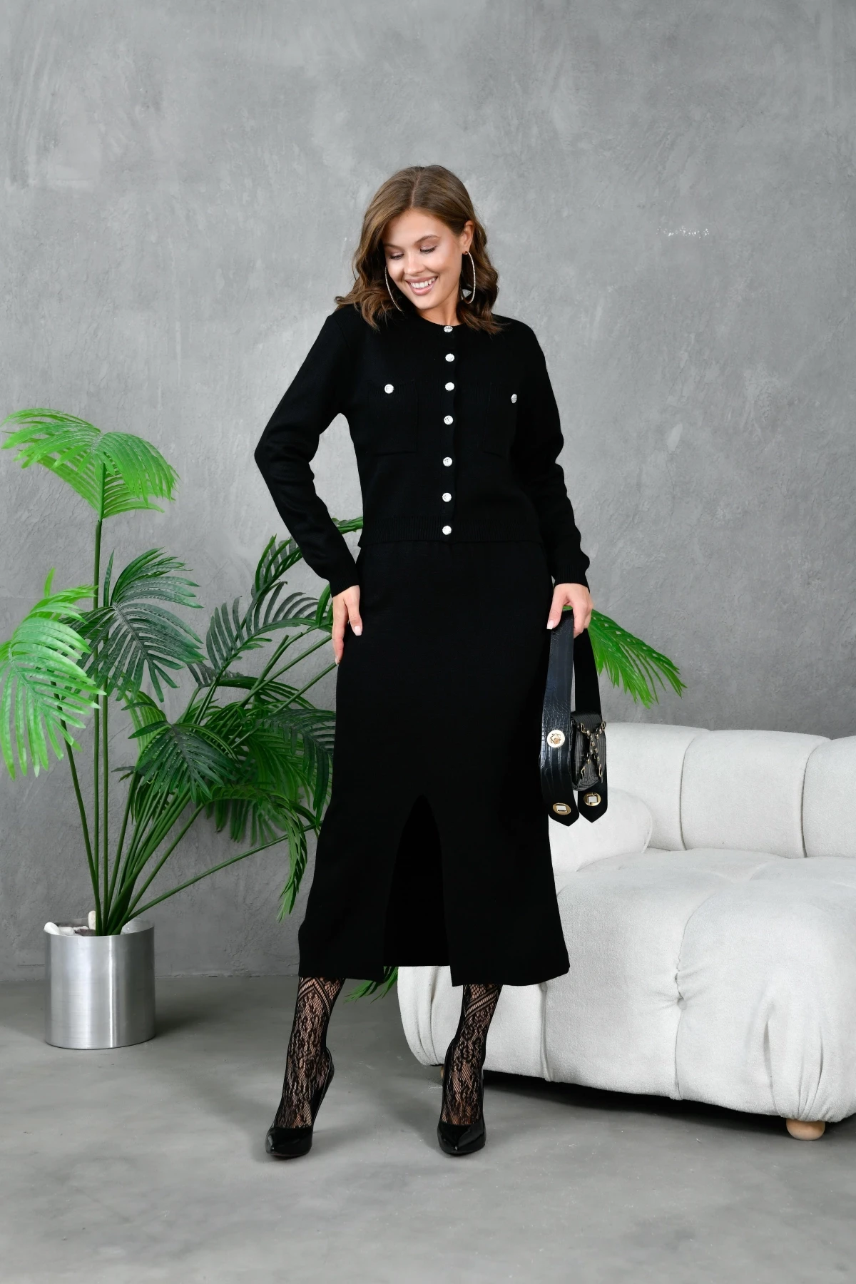 Kadın Düğme Detaylı Eteği Yırtmaçlı İkili Triko Takım