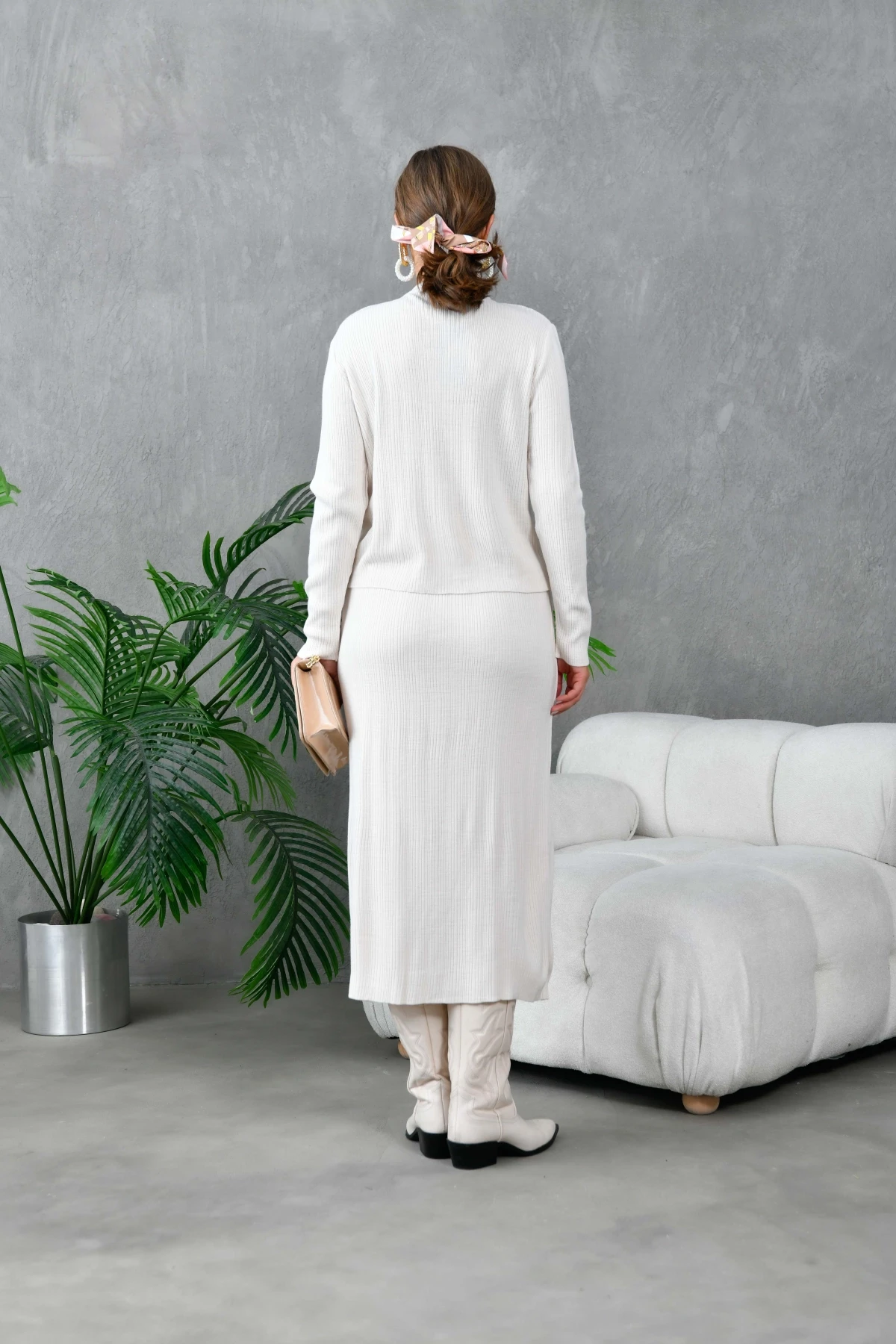 Kadın Düğme Detaylı Etek Kazak İkili Triko Takım