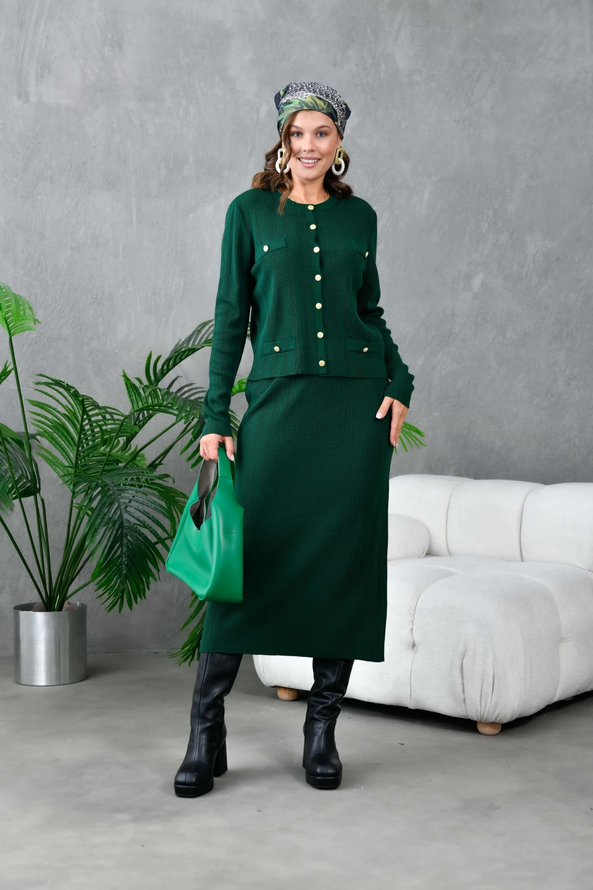 Kadın Düğme Detaylı Etek Kazak İkili Triko Takım