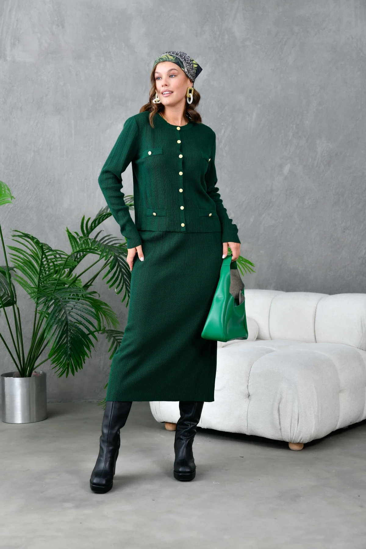 Kadın Düğme Detaylı Etek Kazak İkili Triko Takım