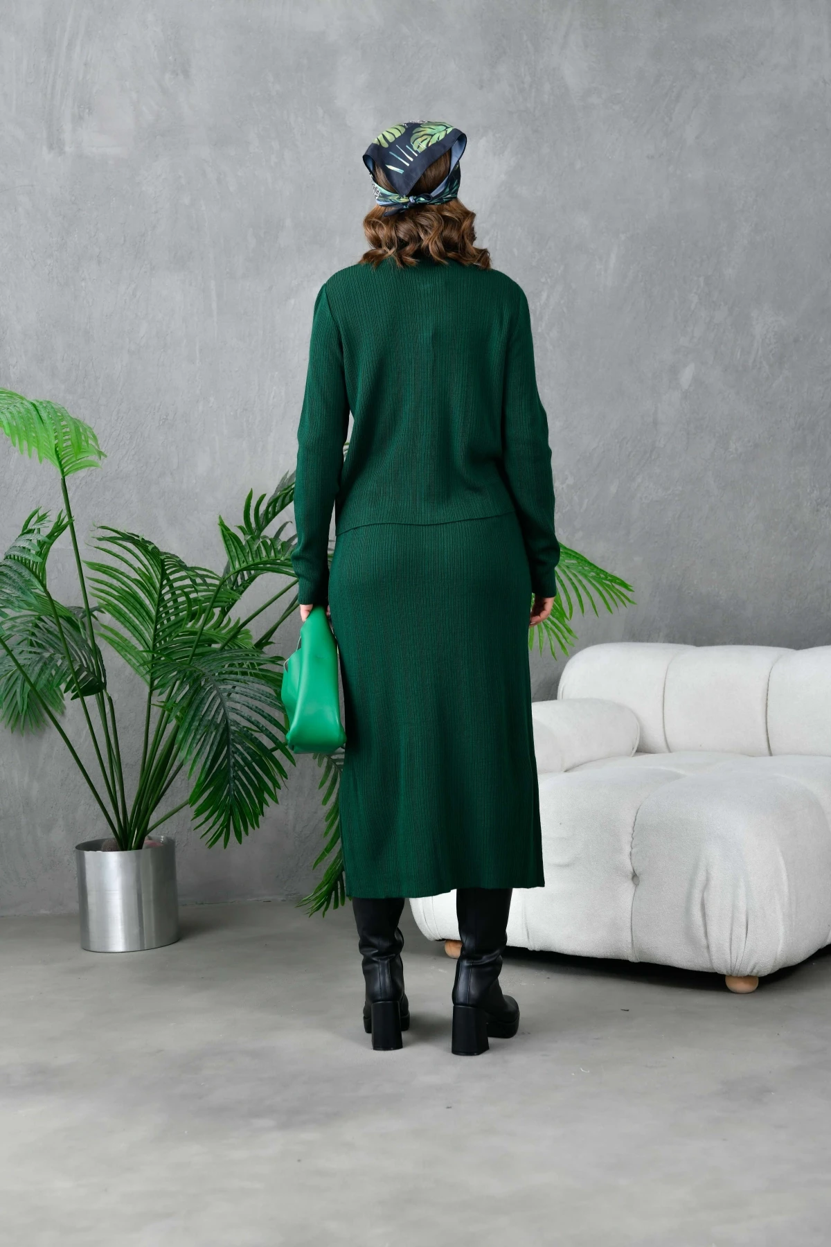 Kadın Düğme Detaylı Etek Kazak İkili Triko Takım