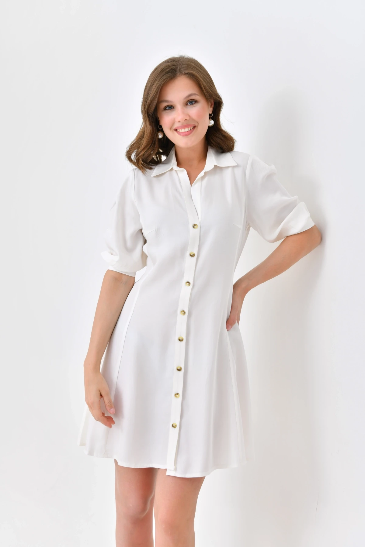 Kadın Düğme Detylı Truvakar Kol Mini Elbise