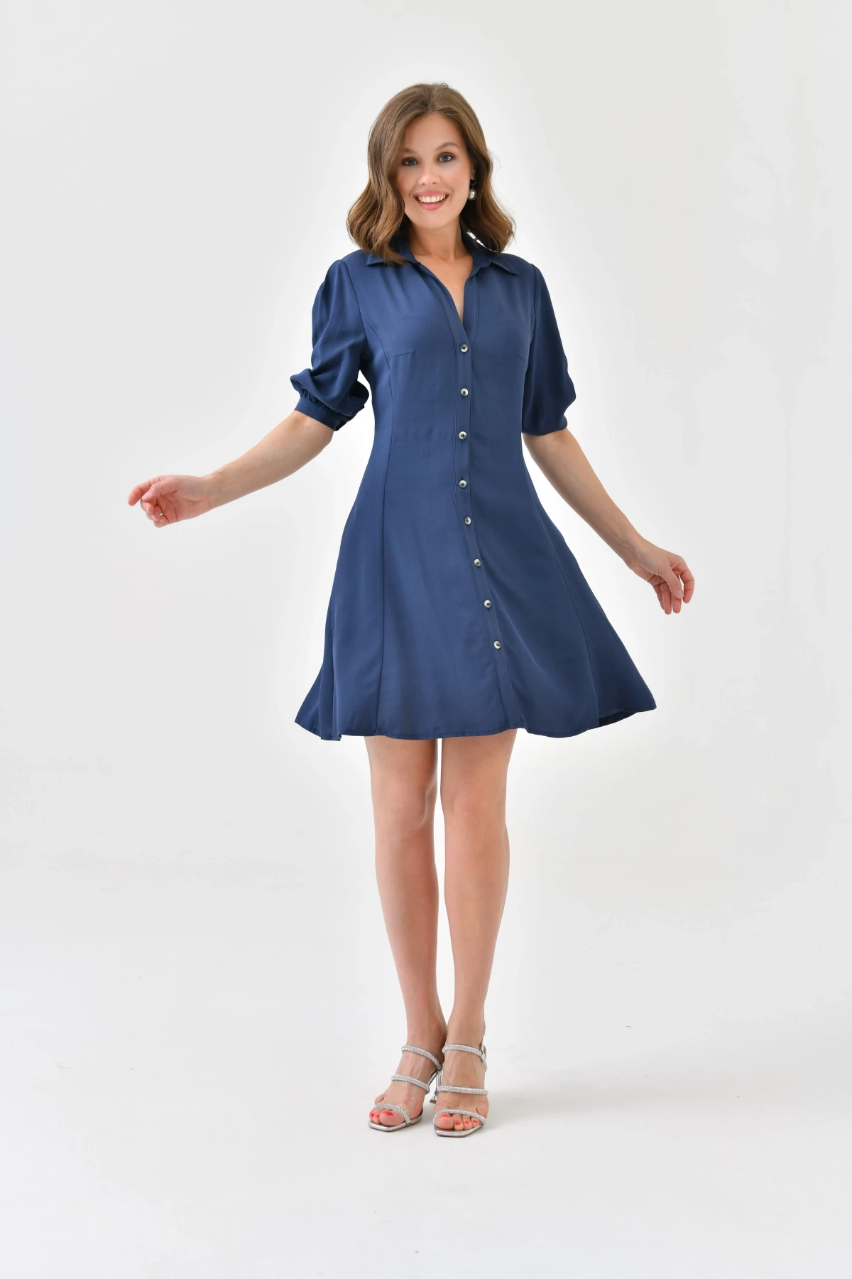 Kadın Düğme Detylı Truvakar Kol Mini Elbise