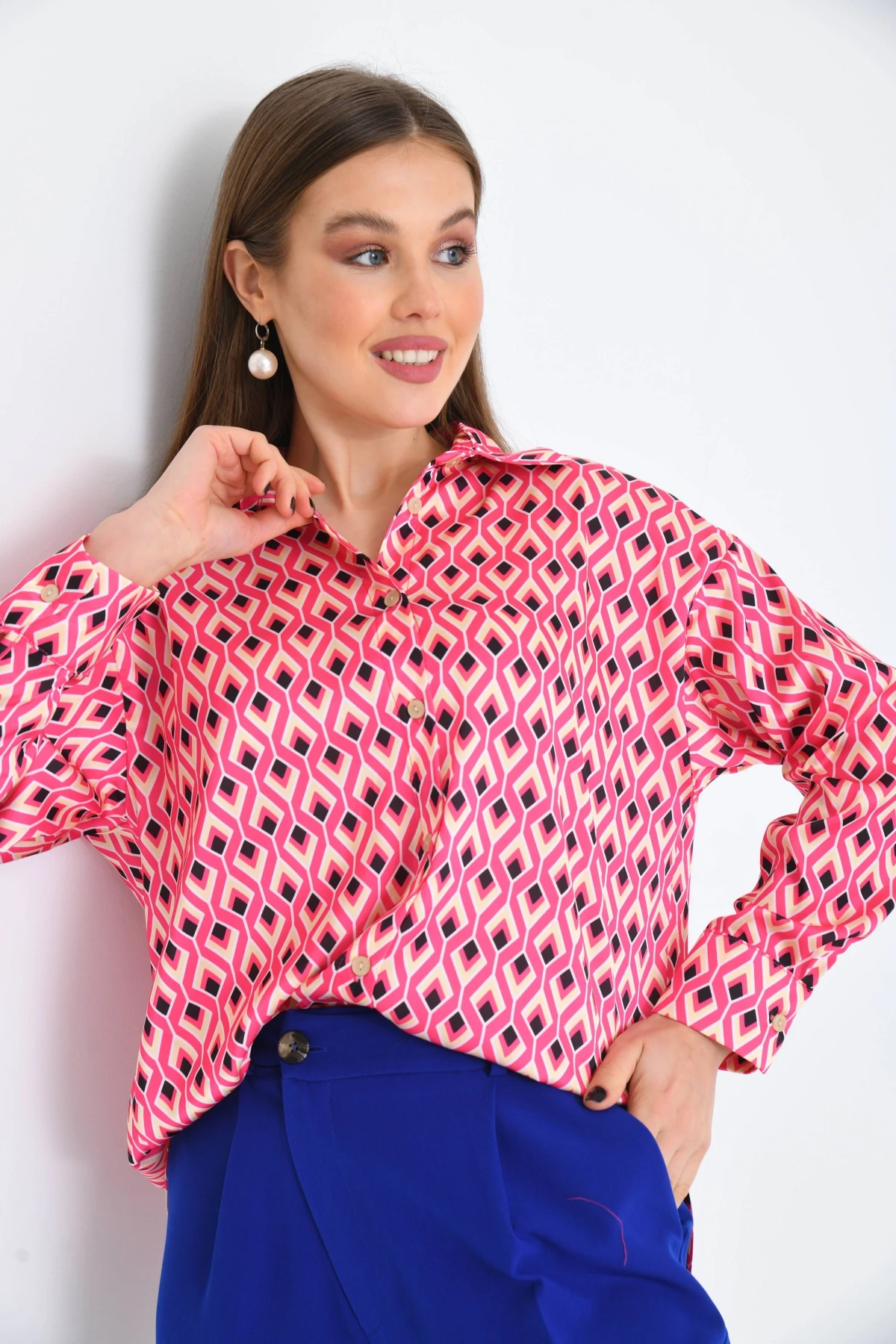 Fuşya Desenli Oversize Uzun Kol Basic Saten Gömlek