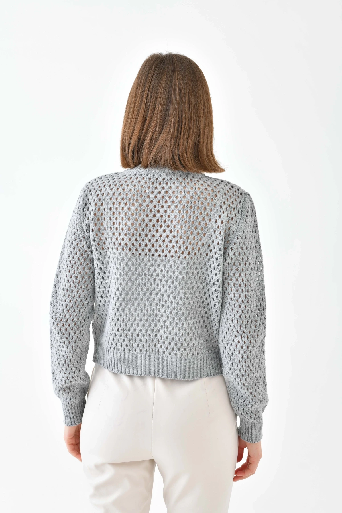 Bisiklet Yaka Fermuar Detaylı Delikli Triko Kazak