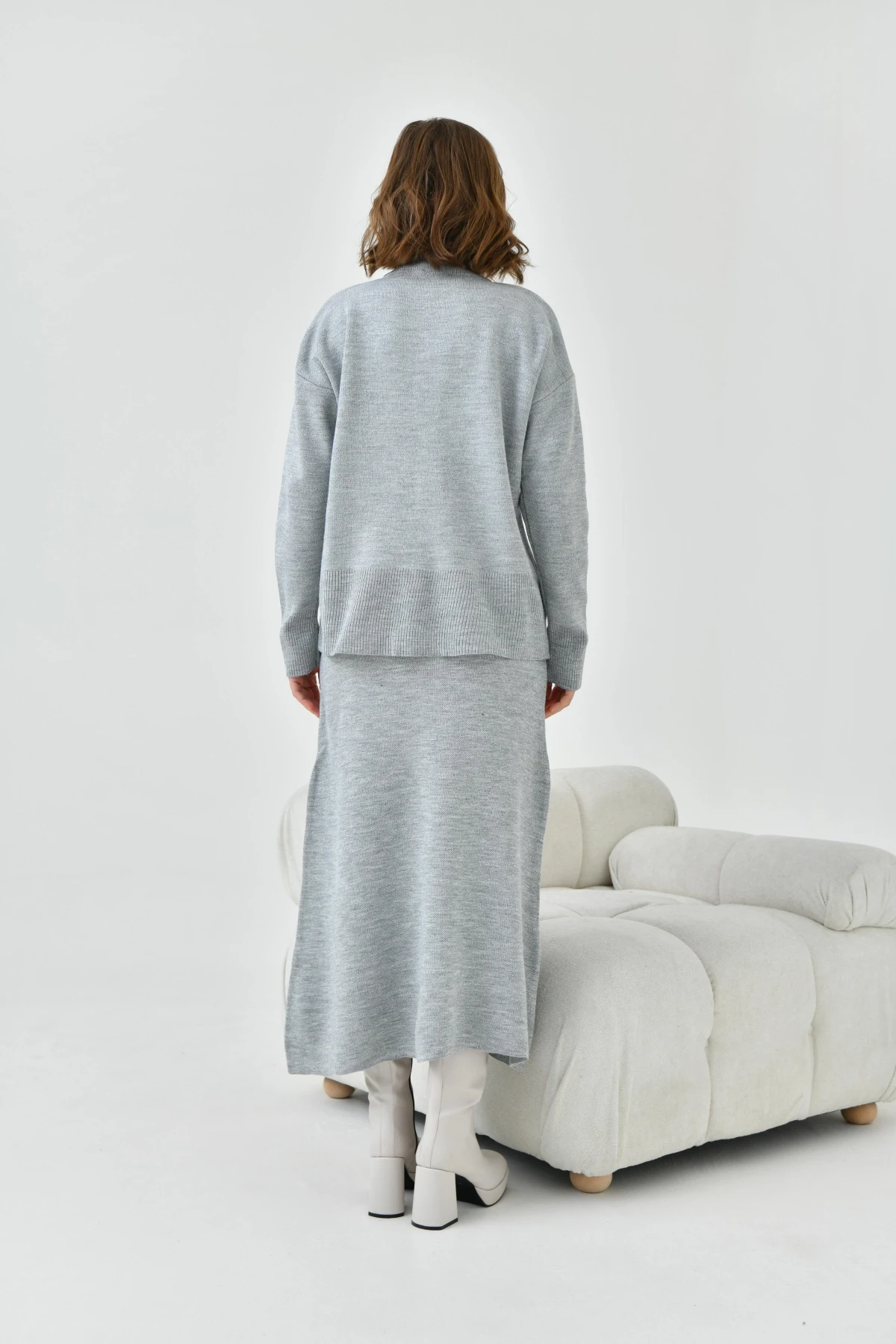 Kadın Gri Eteği Lastikli Triko Takım